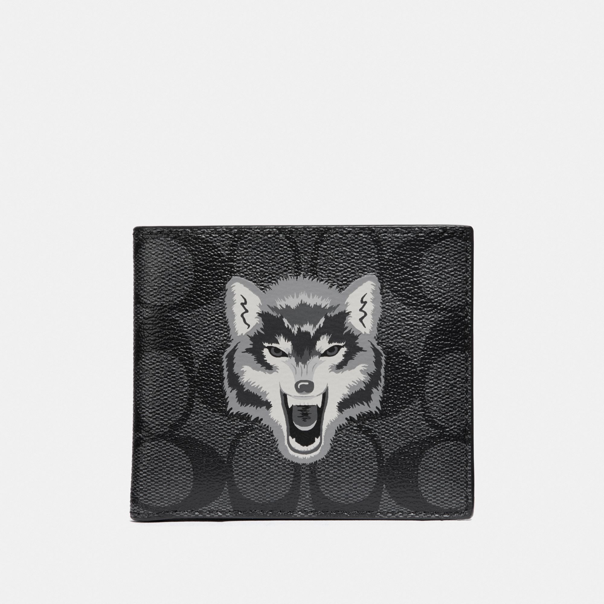 Coach Double Billfold Wallet In Signature Canvas With Wolf Motif