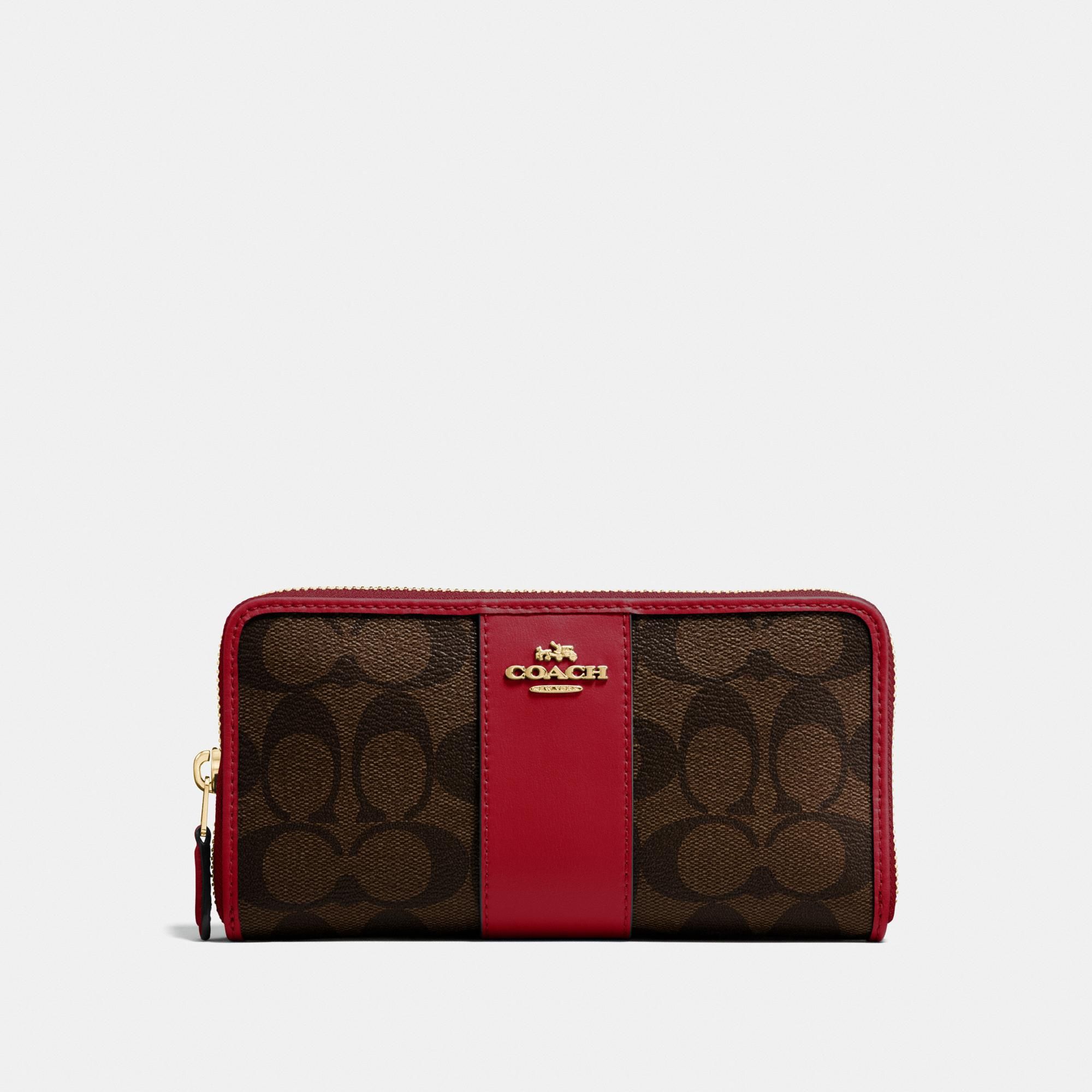 Coach Accordion Zip Wallet In Colorblock Signature Canvas 'Brown/Ruby'