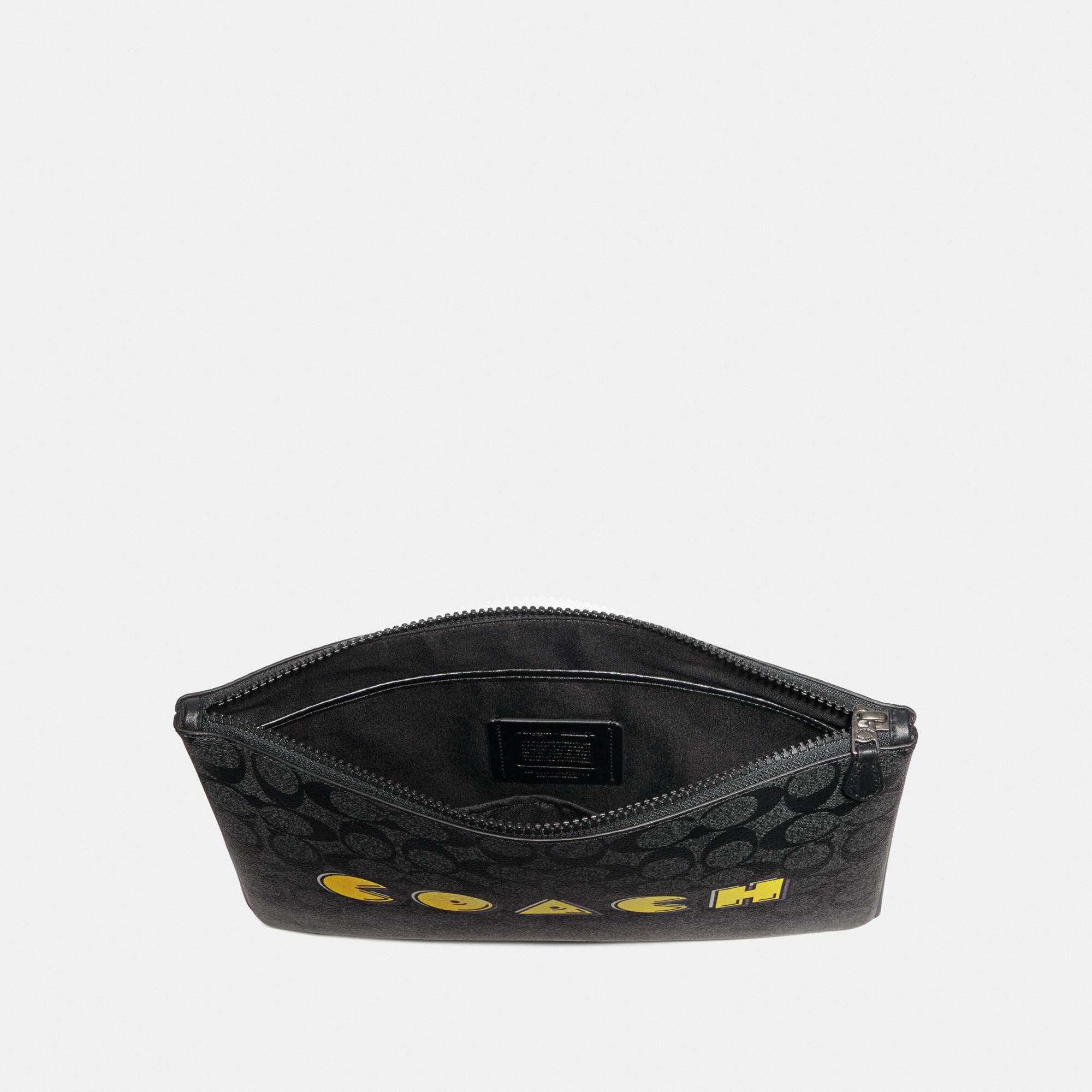 Coach Large Pouch In Signature Canvas With Pac-Man Coach Script