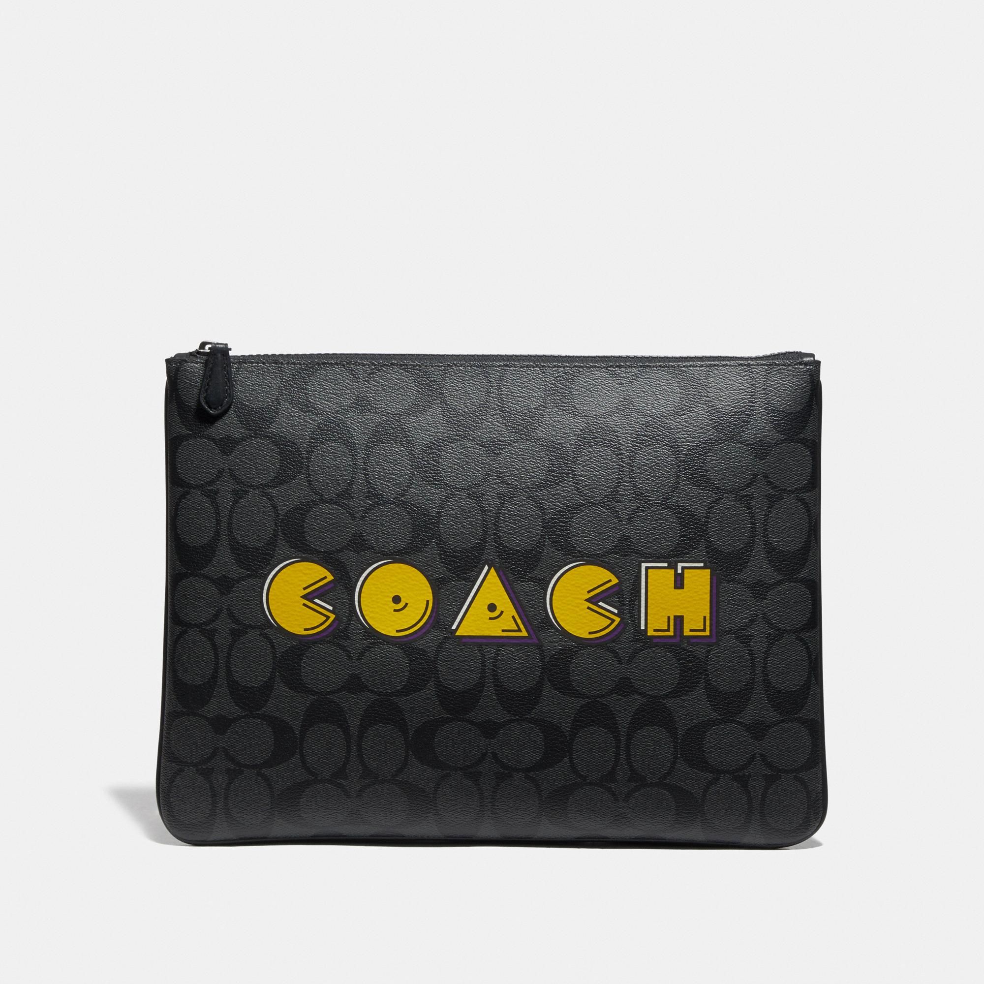 Coach Large Pouch In Signature Canvas With Pac-Man Coach Script
