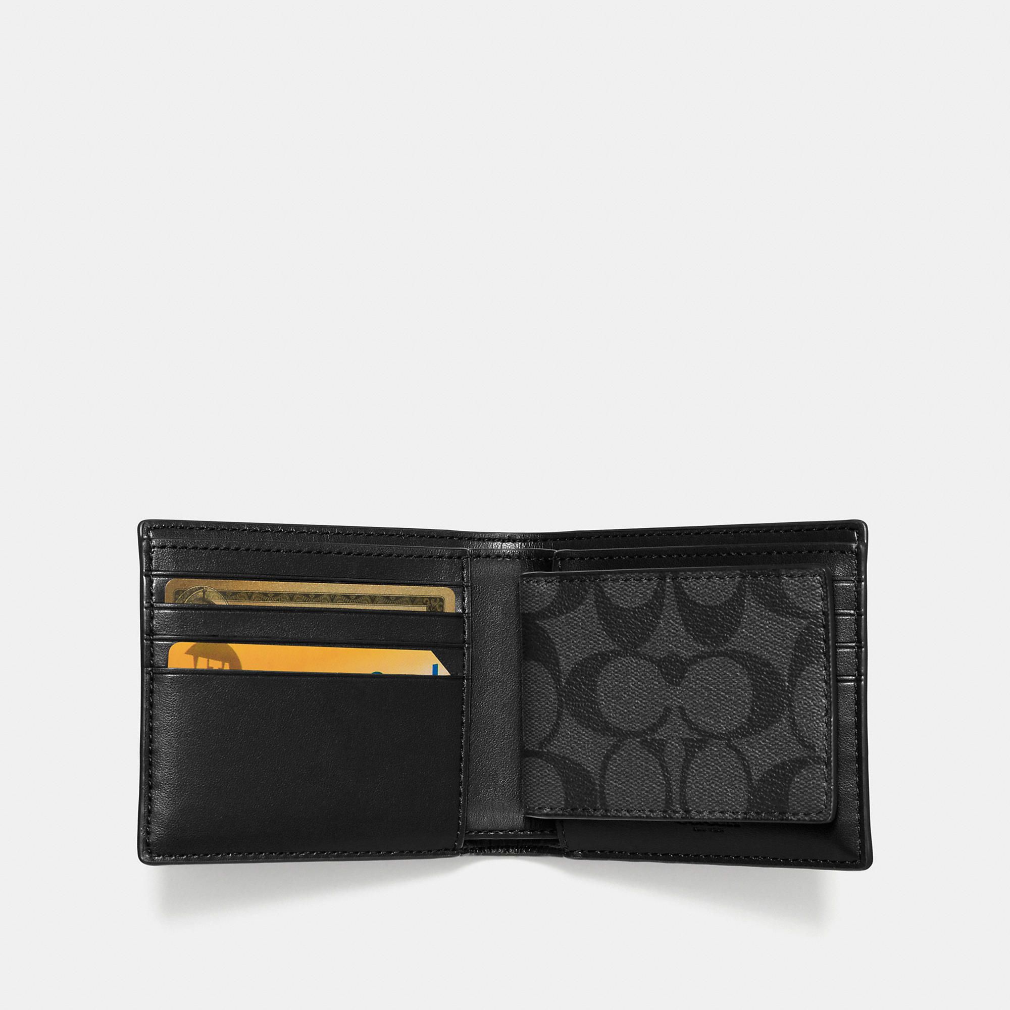 Coach Compact ID Wallet In Signature Canvas - Charcoal/Black