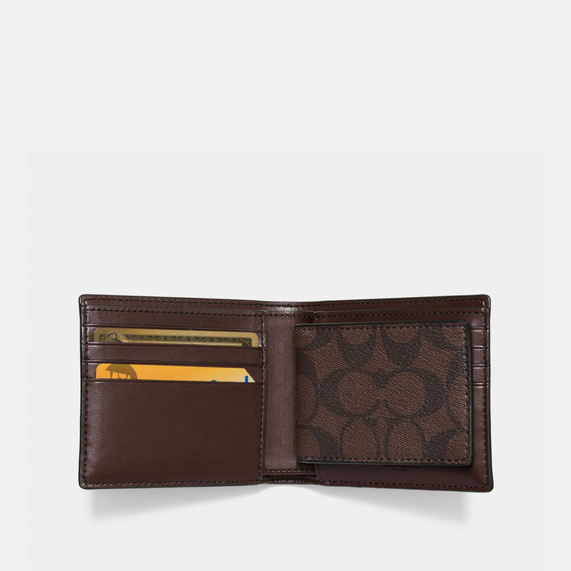 Coach Compact ID Wallet in Signature - Gunmetal / Mahogany