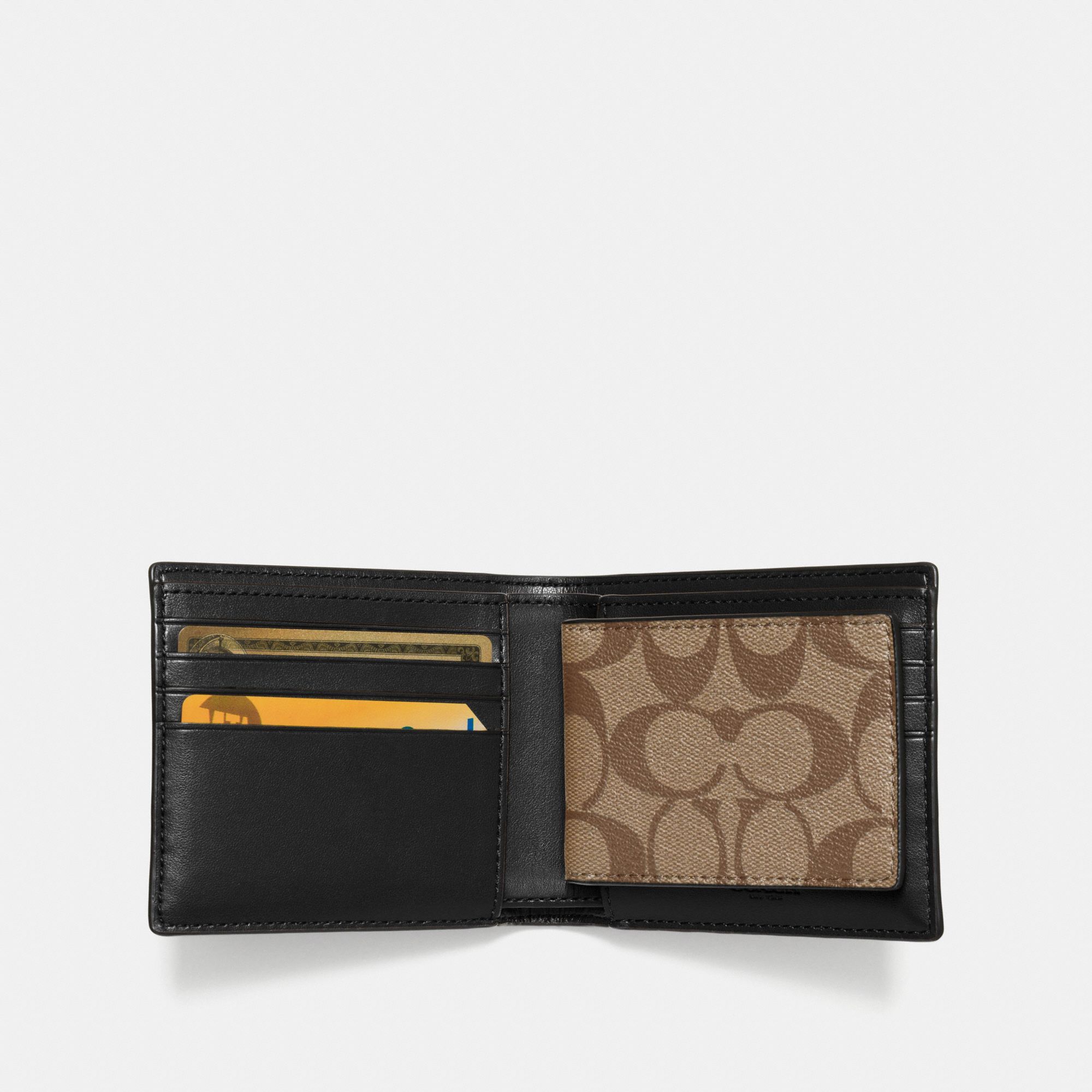 Coach Compact ID Wallet In Signature Canvas - Tan/Black