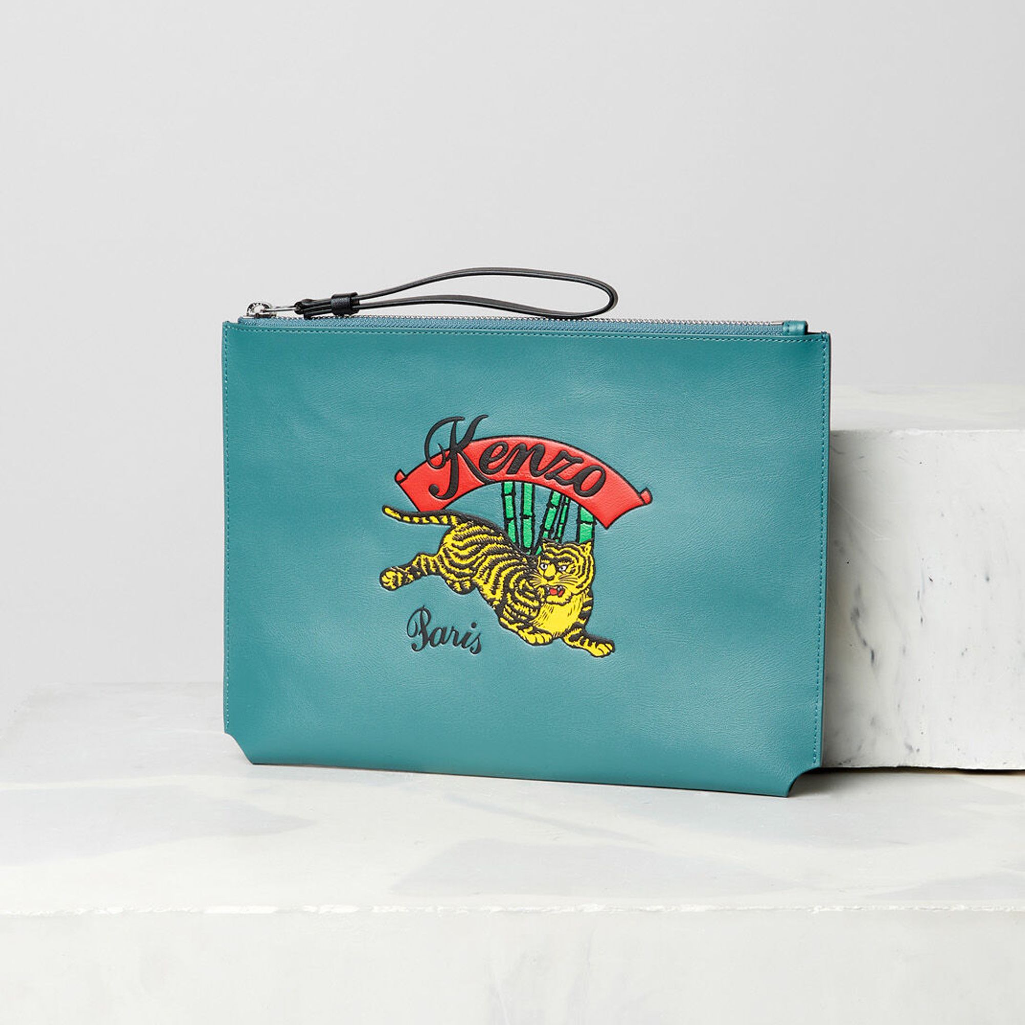 KENZO A4 Leather Pouch Jumping Tiger - Duck Blue