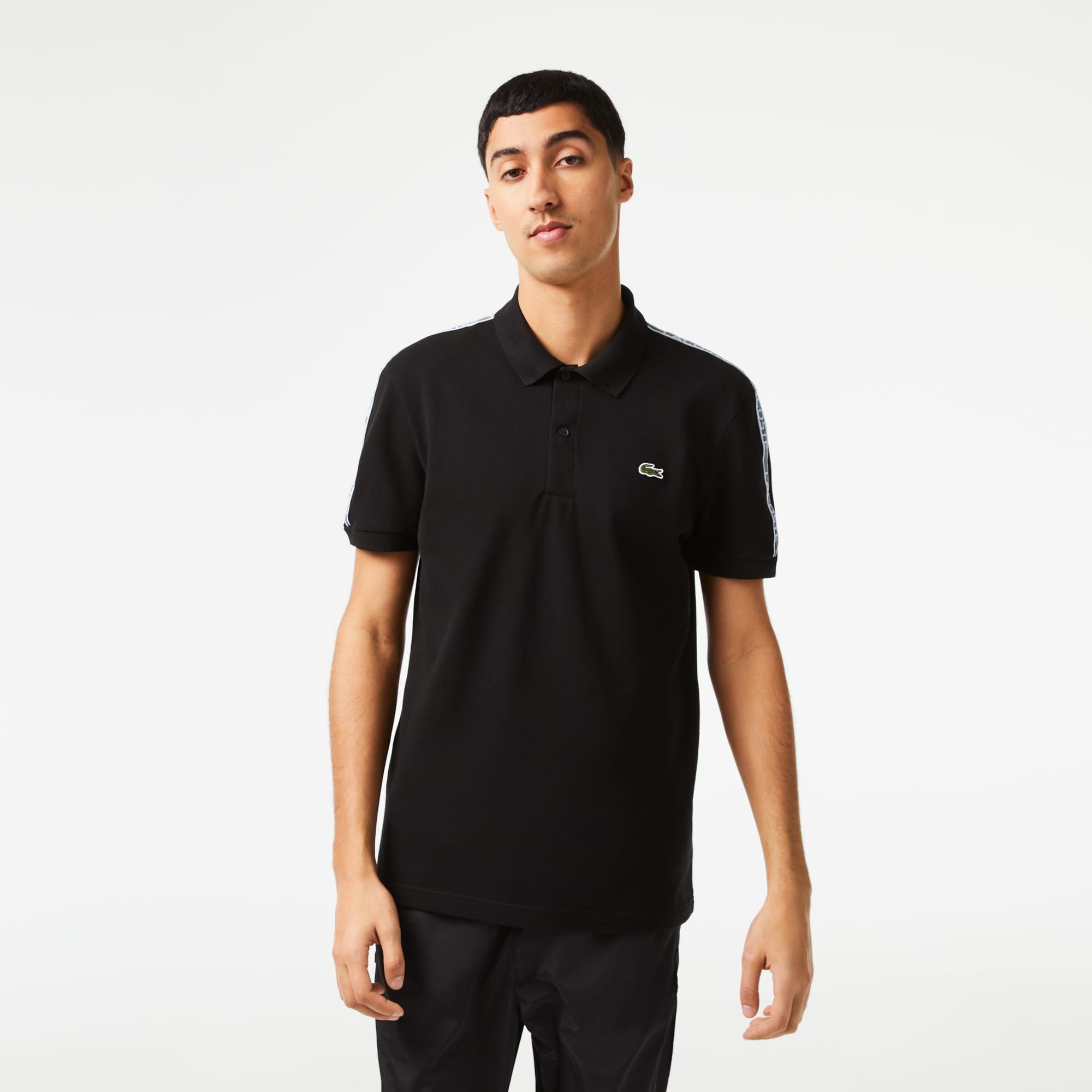  Lacoste Logo Stripe Piqué Polo Shirt - Black 