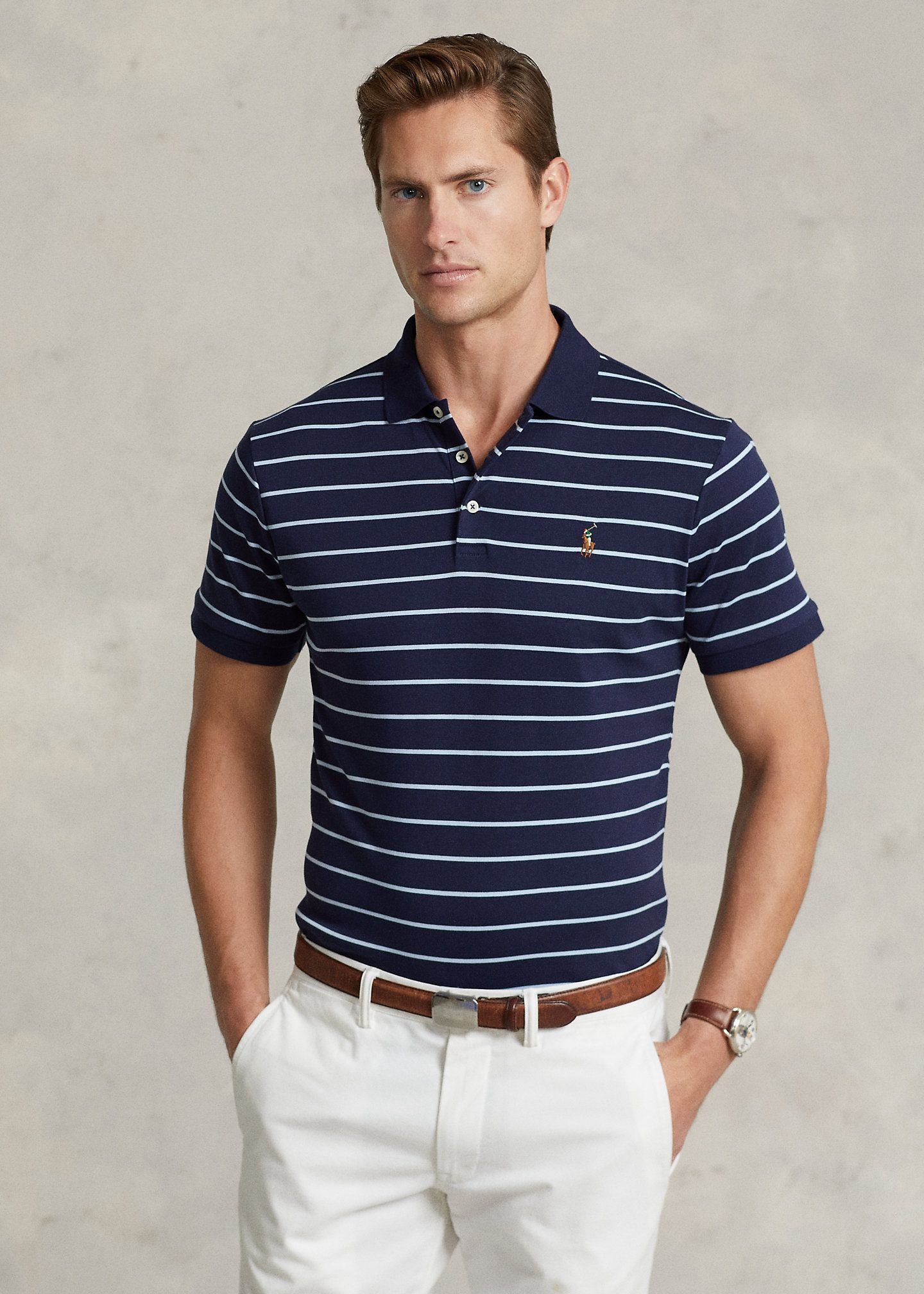  Ralph Lauren Soft Cotton Polo Shirt - Navy Blue Stripe (Custom Slim) 