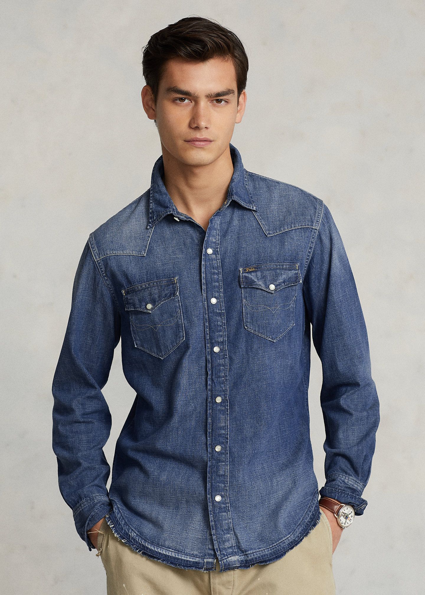  Ralph Lauren Frayed-Hem Denim Western Shirt 