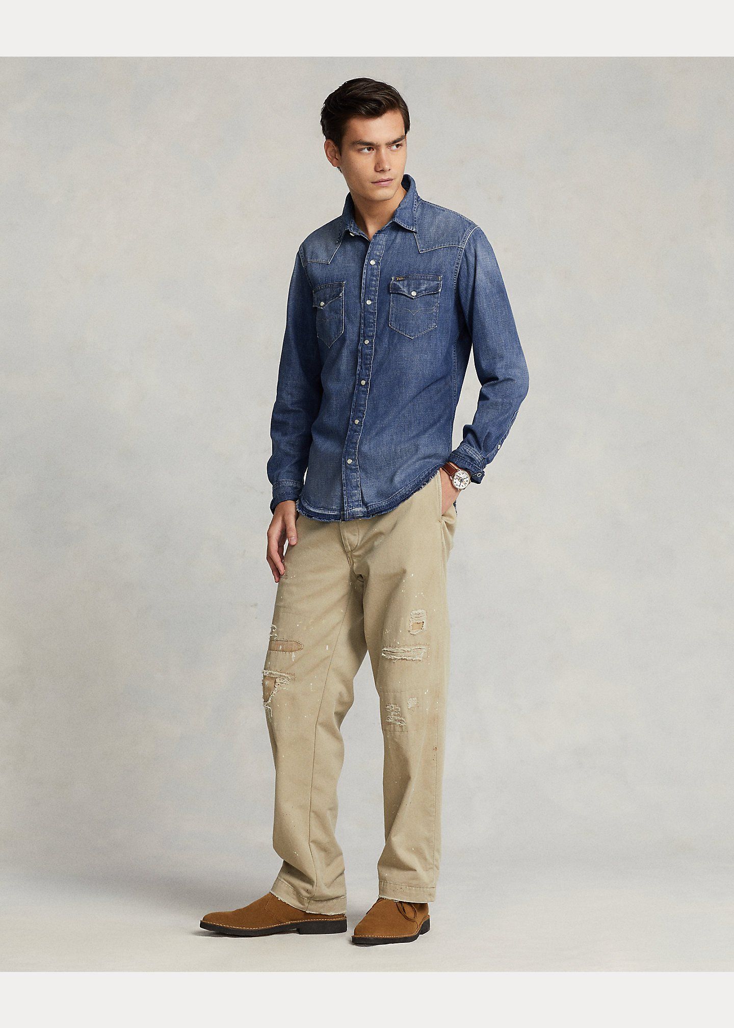  Ralph Lauren Frayed-Hem Denim Western Shirt 