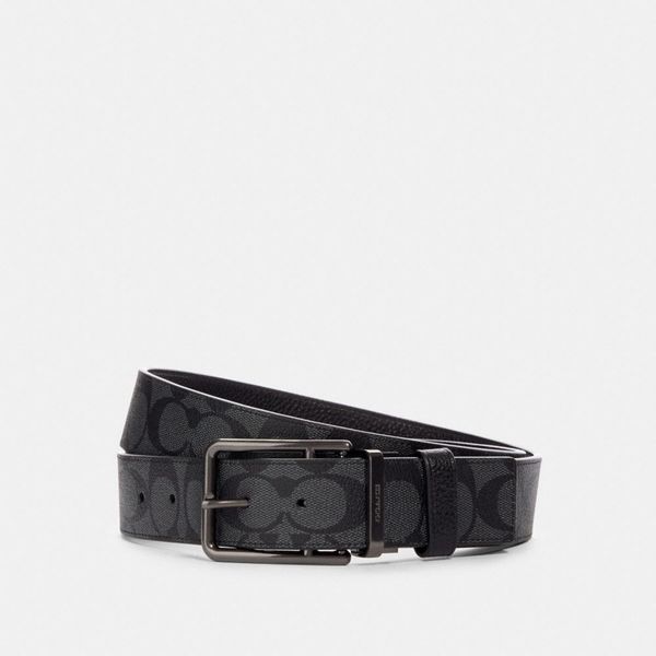  Coach Double Bar Buckle Cut To Size Reversible Belt In Signature Canvas 38mm - Charcoal/Black 
