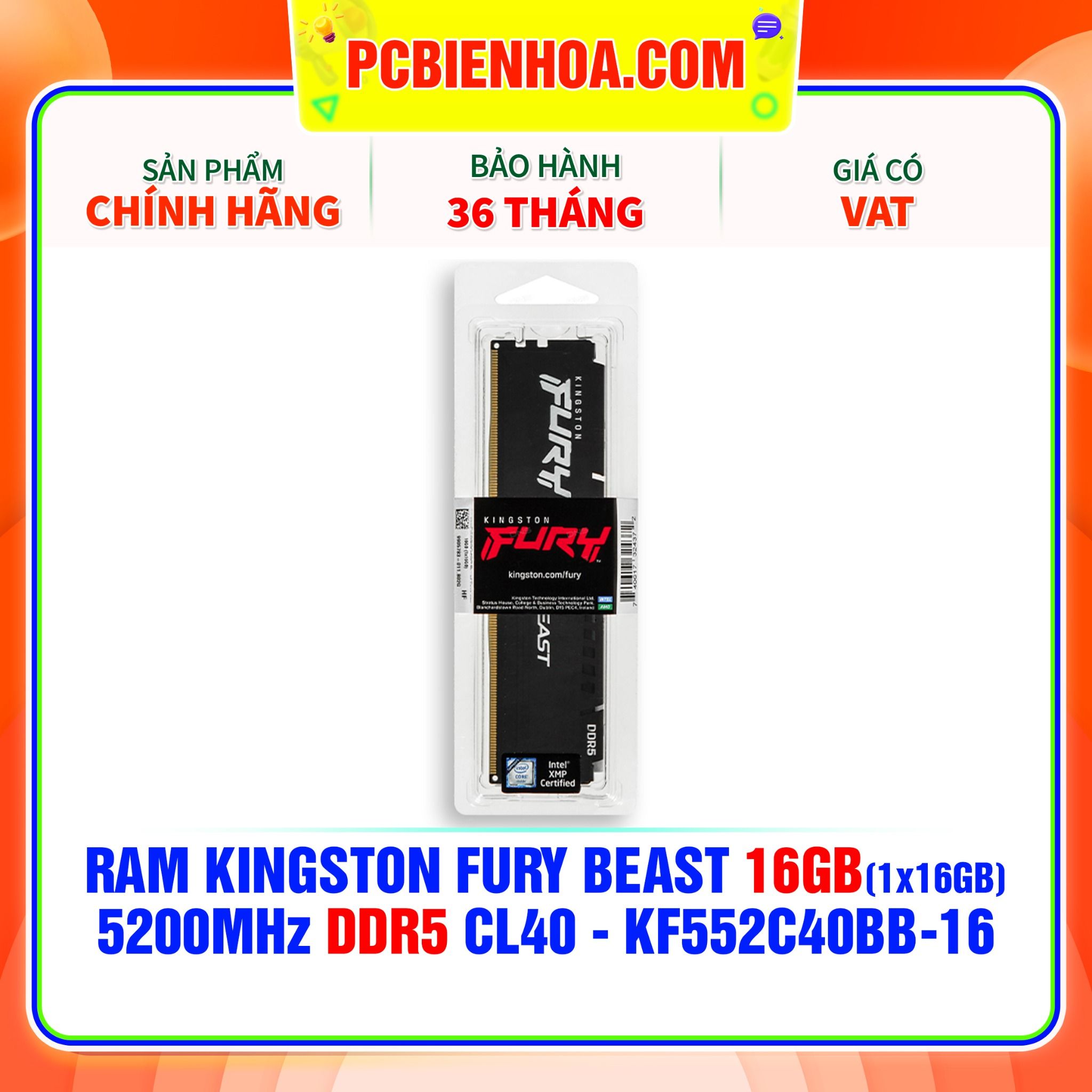  RAM KINGSTON FURY BEAST 16GB (1x16GB) 5200MHz DDR5 CL40 - KF552C40BB-16 