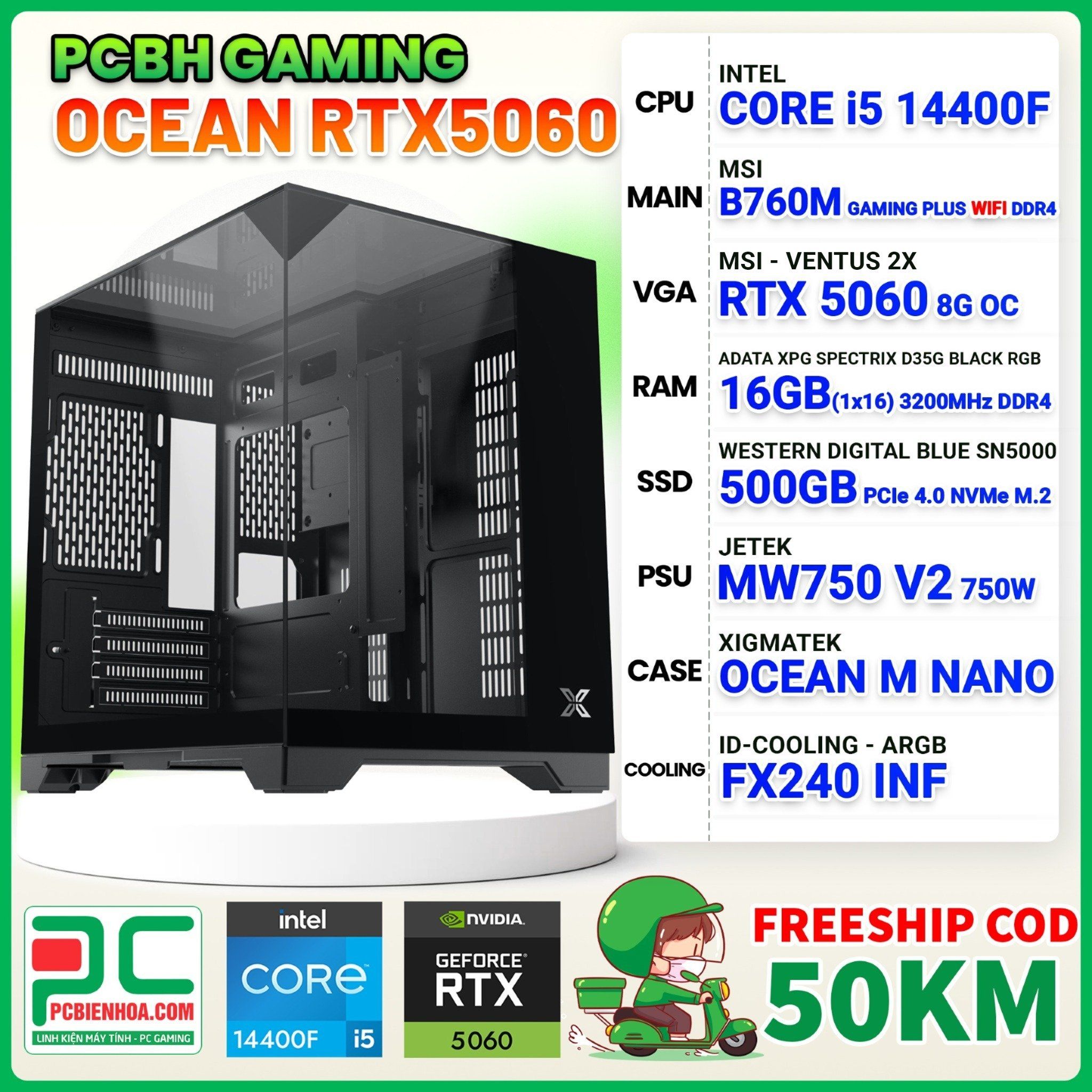 PCBH GAMING OCEAN CORE i5 14400F / B760M WIFI / RTX 5060 8GB / 16GB / 500GB