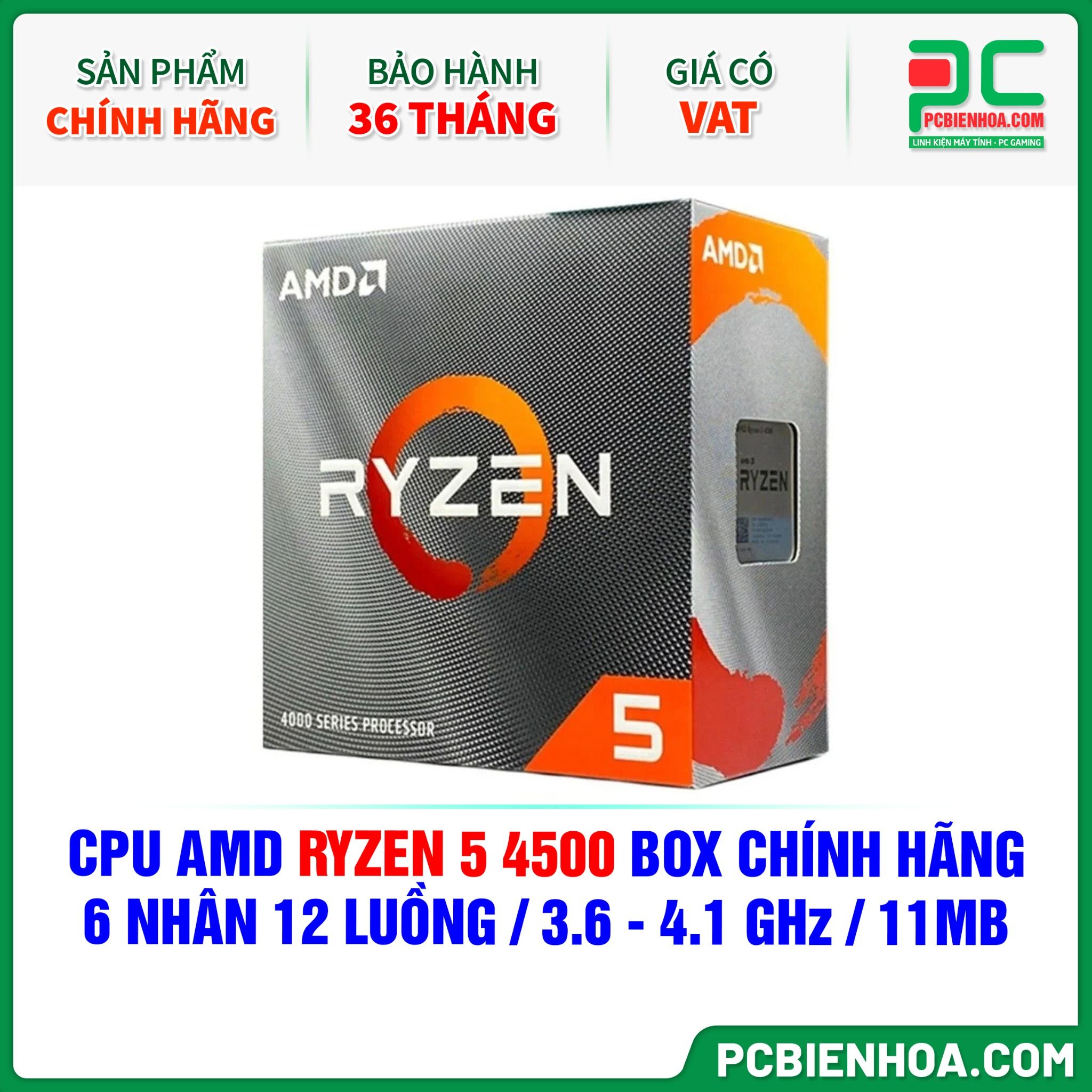 CPU AMD Ryzen 5 4500 BOX CHÍNH HÃNG ( 6 NHÂN 12 LUỒNG / 3.6 - 4.1 GHz / 11MB )