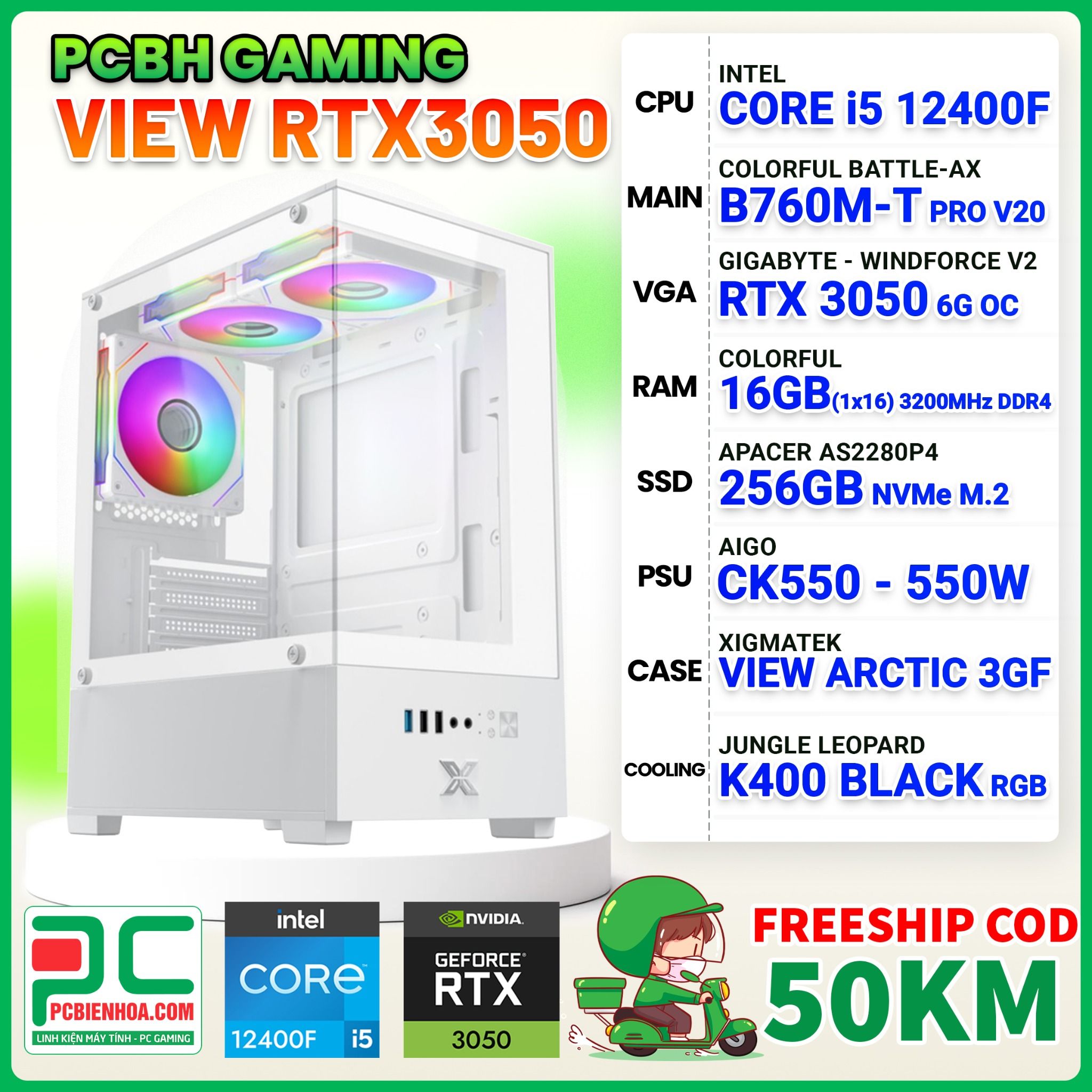 PCBH GAMING VIEW CORE i5 12400F / H610M / RTX 3050 6G / 16GB / 256GB