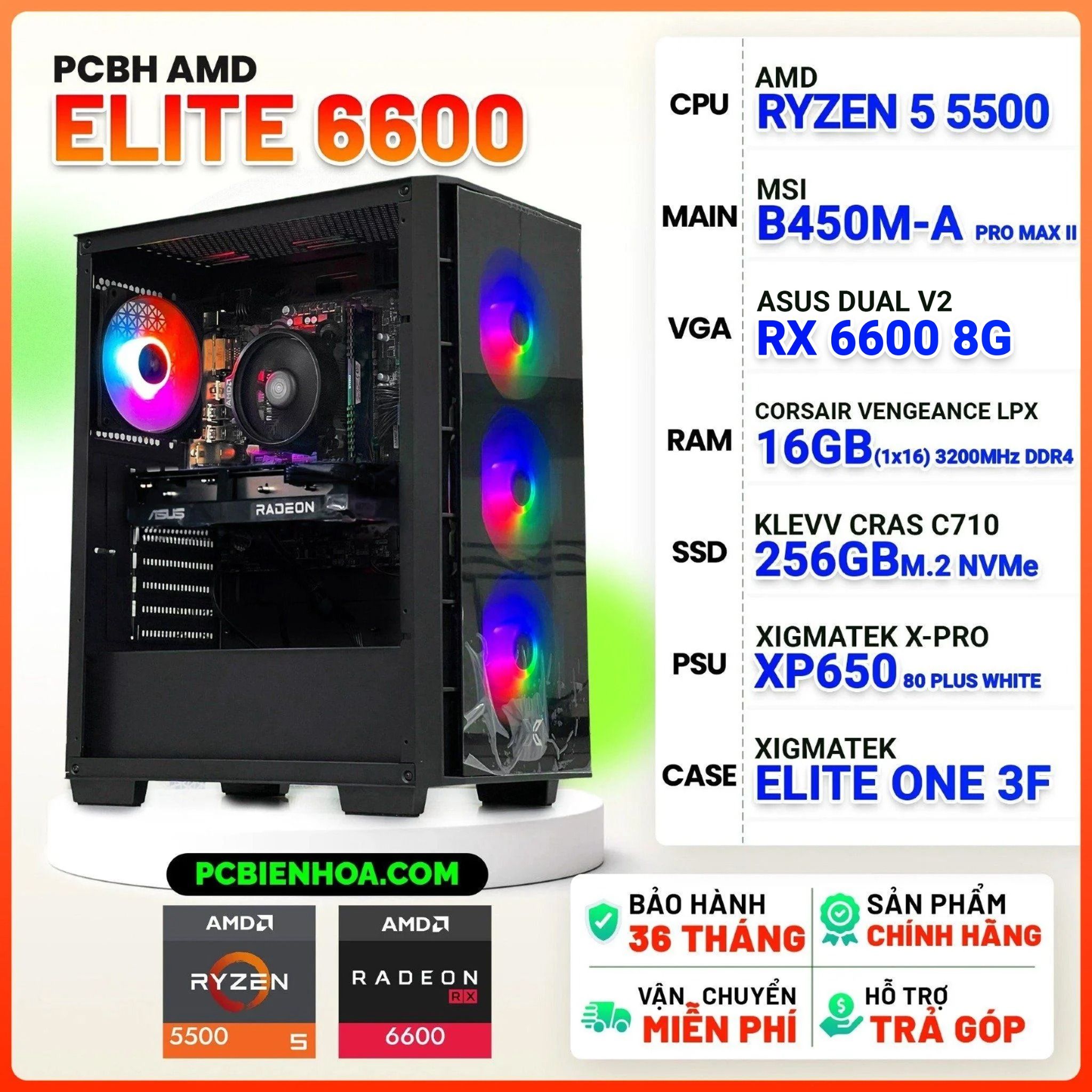 PCBH AMD ELITE RYZEN 5 5500 / B450M / RX6600 8GB / 16GB / 256GB 
