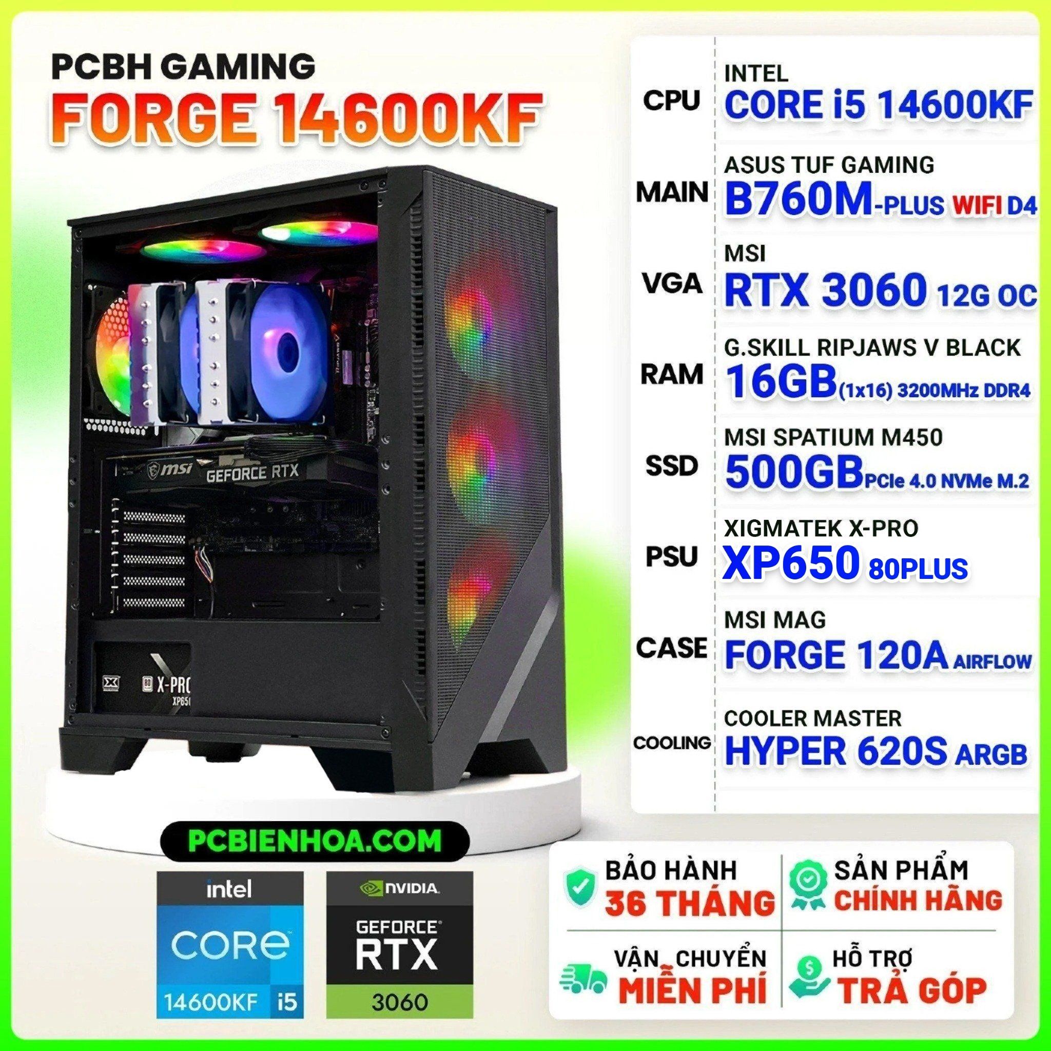  PCBH GAMING MSI FORGE CORE i5 14600KF / B760M / RTX3060 12GB / 16GB / 500GB 