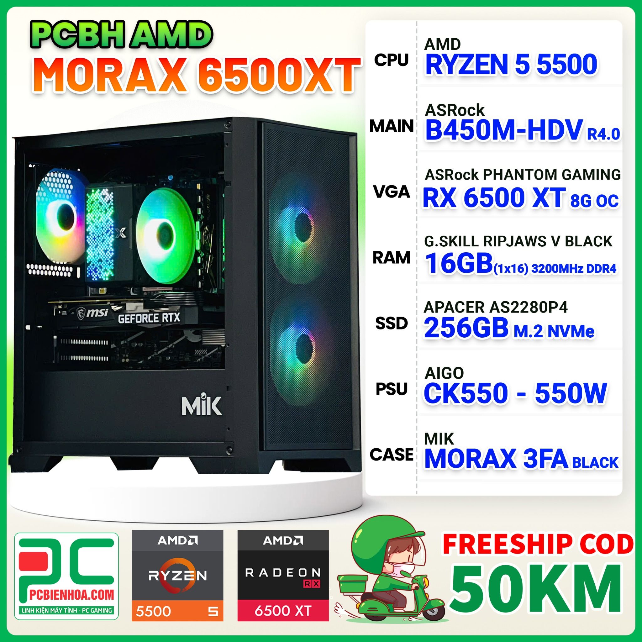 PCBH AMD MORAX RYZEN 5 5500 / B450M / RX 6500 XT 8GB / 16GB / 256GB