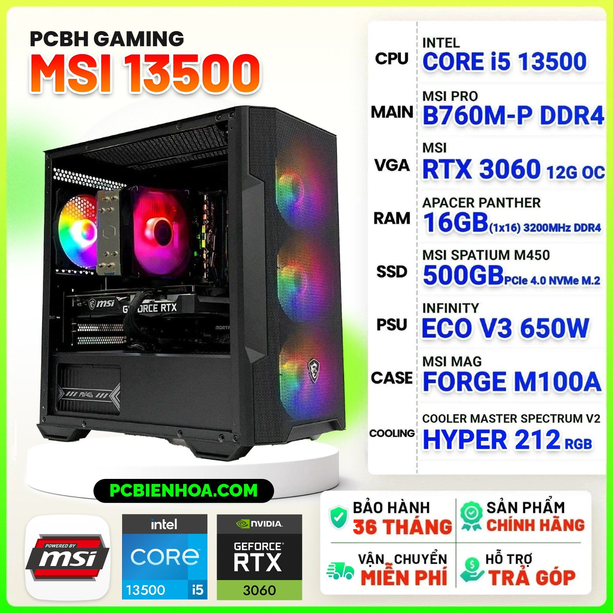  PCBH GAMING MSI CORE i5 13500 / B760M / RTX3060 12GB / 16GB / 500GB 