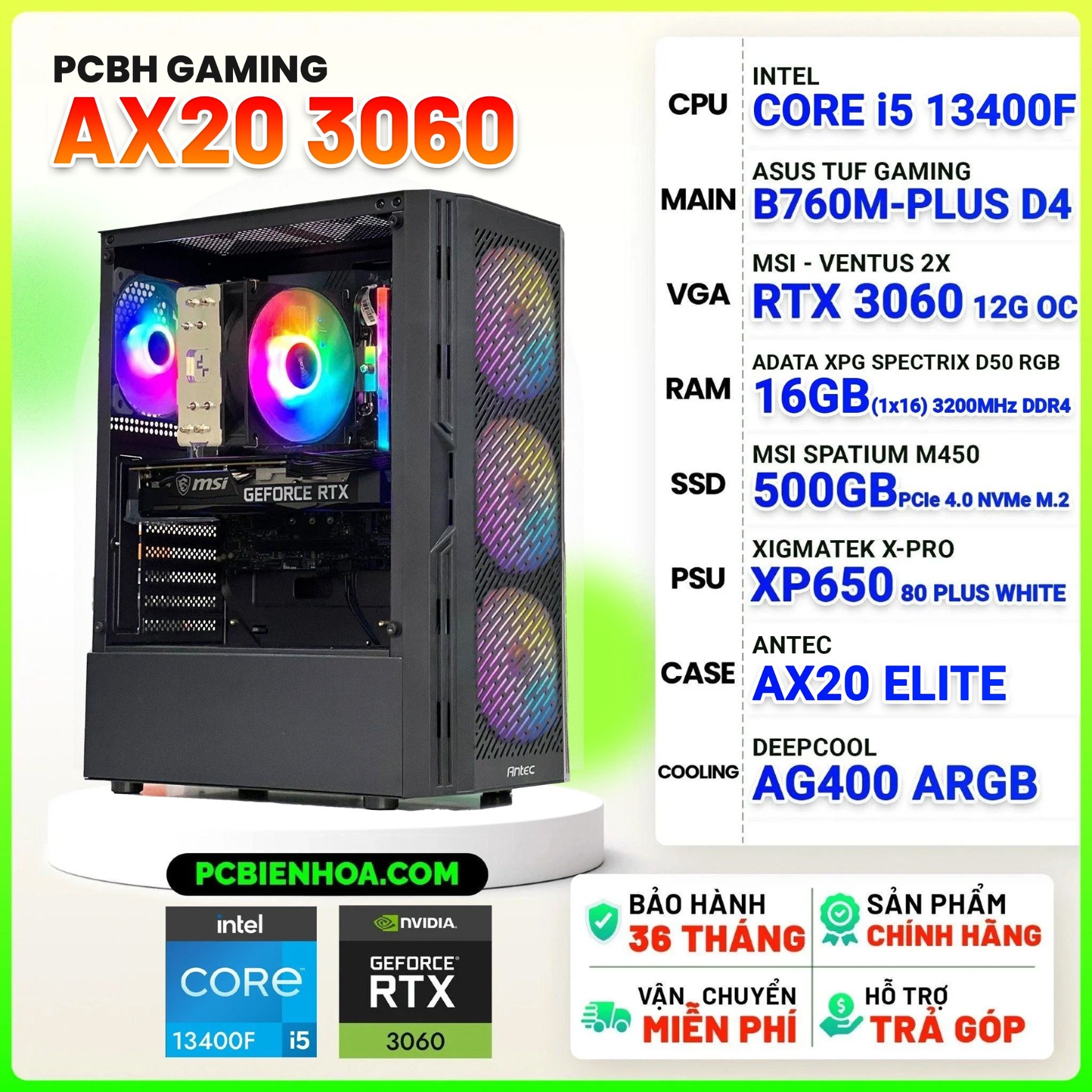  PCBH GAMING AX20 CORE i5 13400F / B760M / RTX3060 12GB / 16GB / 500GB 