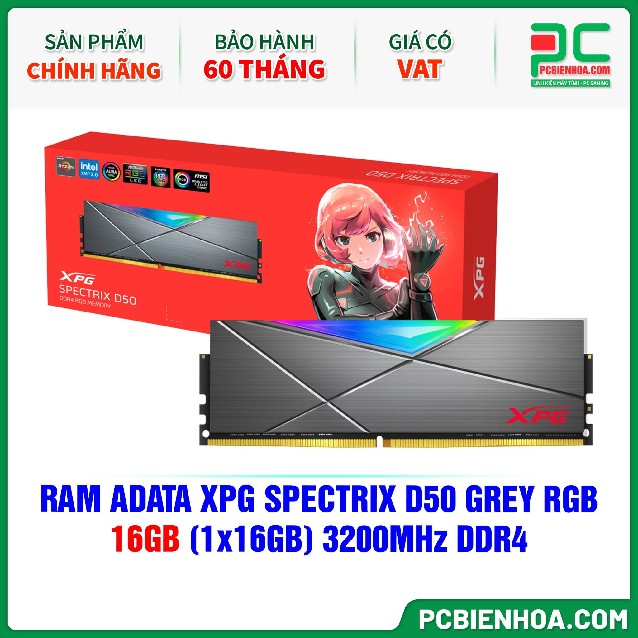 RAM ADATA XPG SPECTRIX D50 GREY RGB - 16GB (1x16GB) 3200MHz DDR4