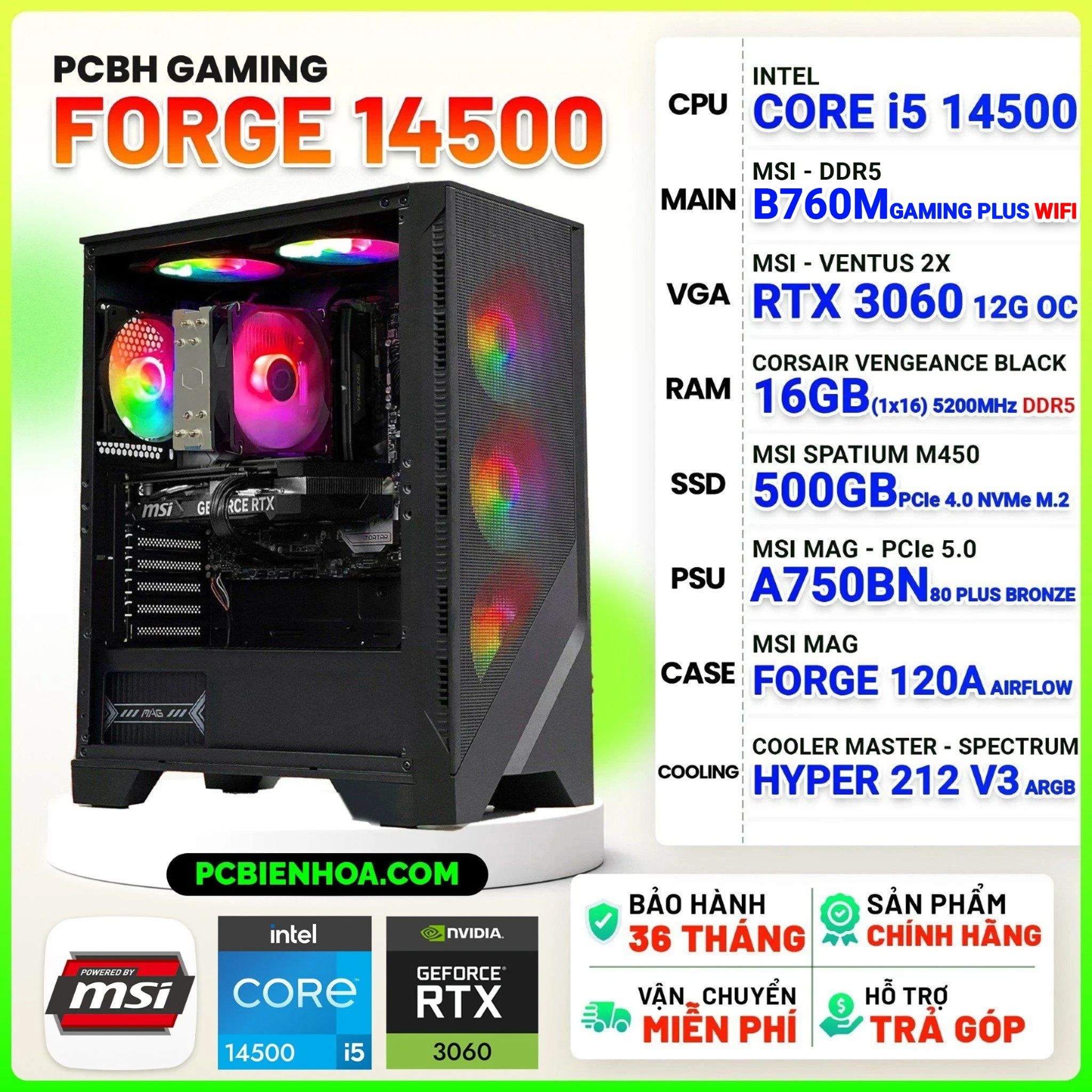  PCBH GAMING MSI FORGE CORE i5 14500 / B760M WiFi / RTX3060 12GB / 16GB DDR5 / 500GB 