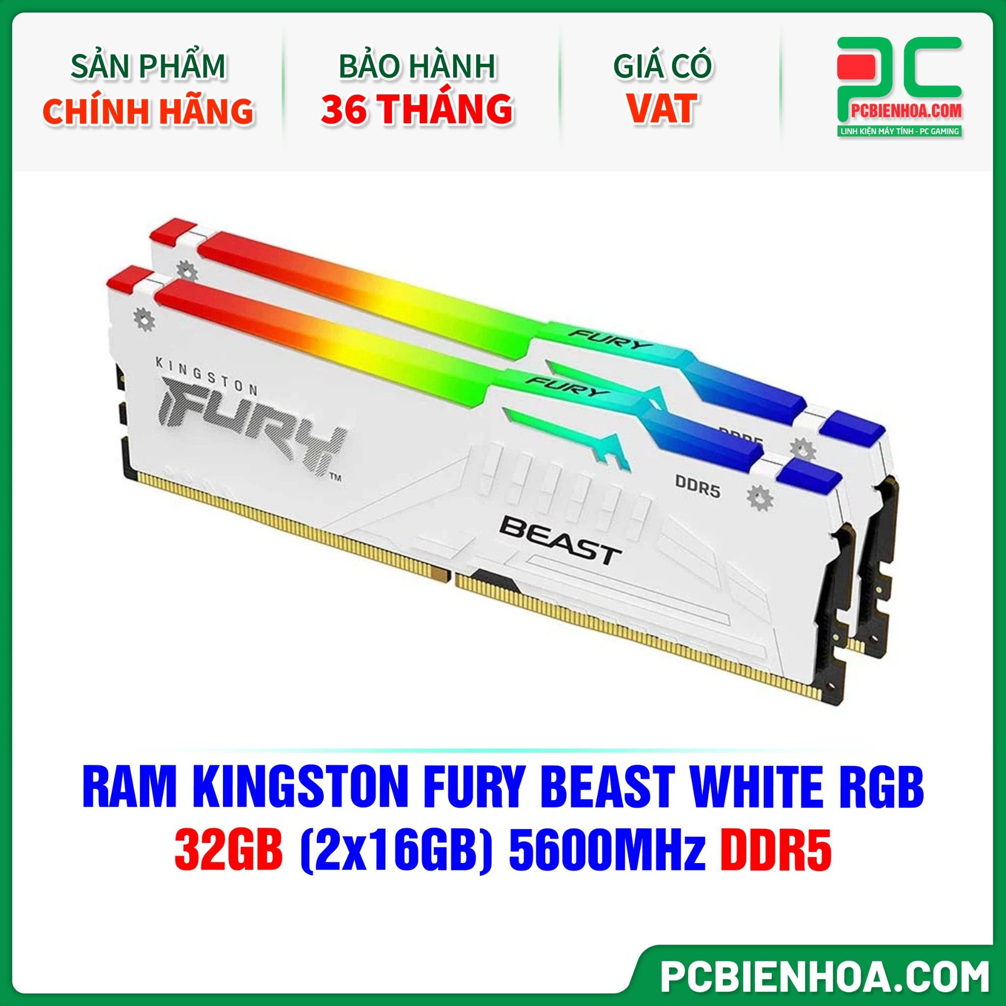 RAM KINGSTON FURY BEAST WHITE RGB - 32GB (2x16GB) 5600MHz DDR5 ( KF556C40BWAK2-32 )
