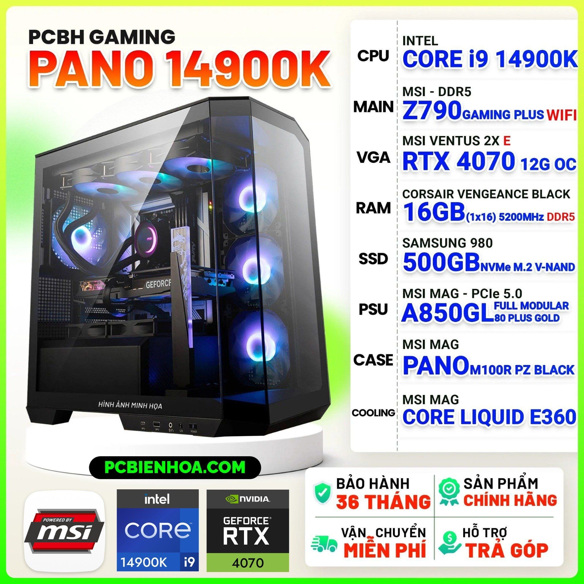  PCBH GAMING PANO CORE i9 14900K / Z790 / RTX4070 12GB / 16GB DDR5 / 500GB 