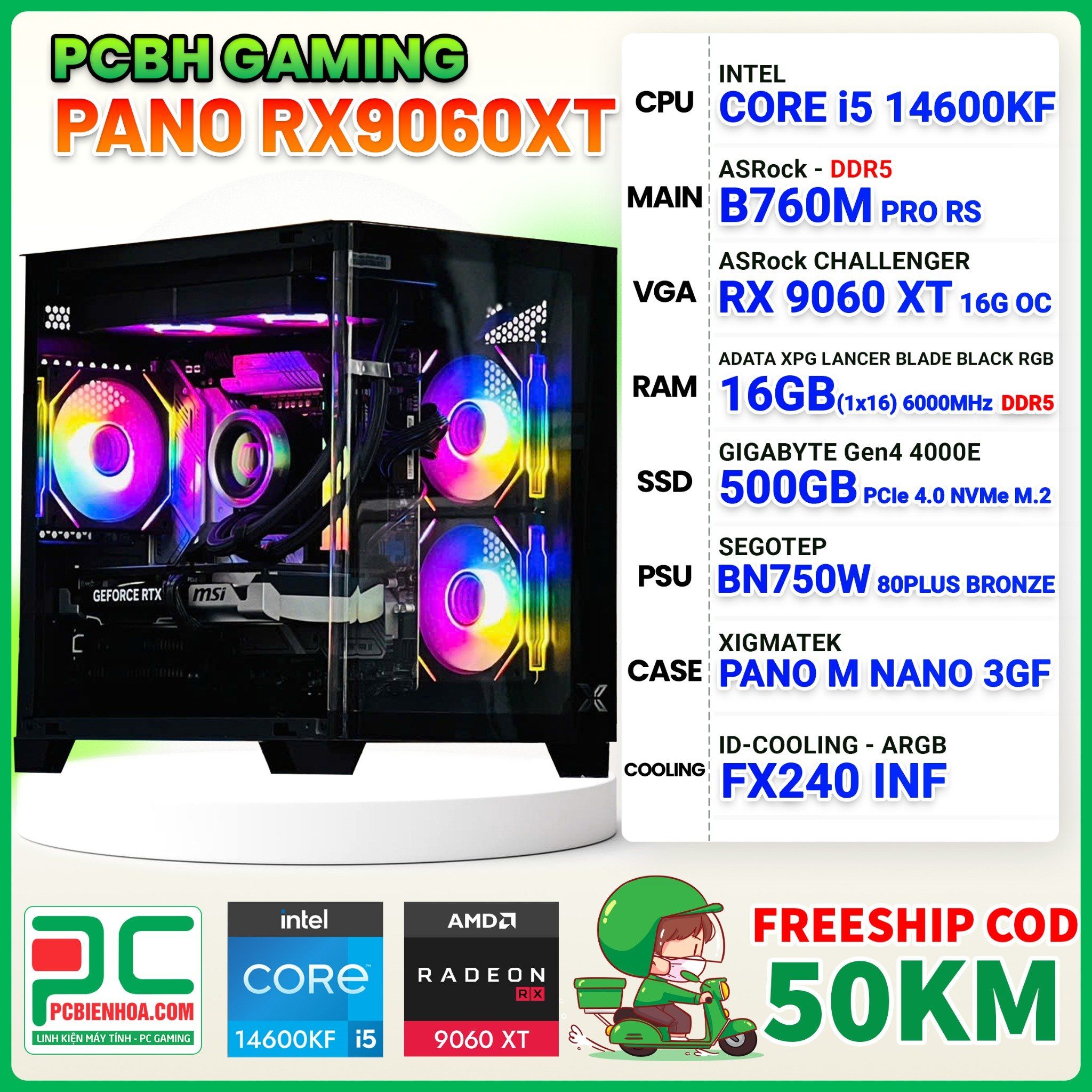 PCBH GAMING PANO CORE i5 14600KF / B760M / RX 9060 XT 16GB / 16GB DDR5 / 500GB