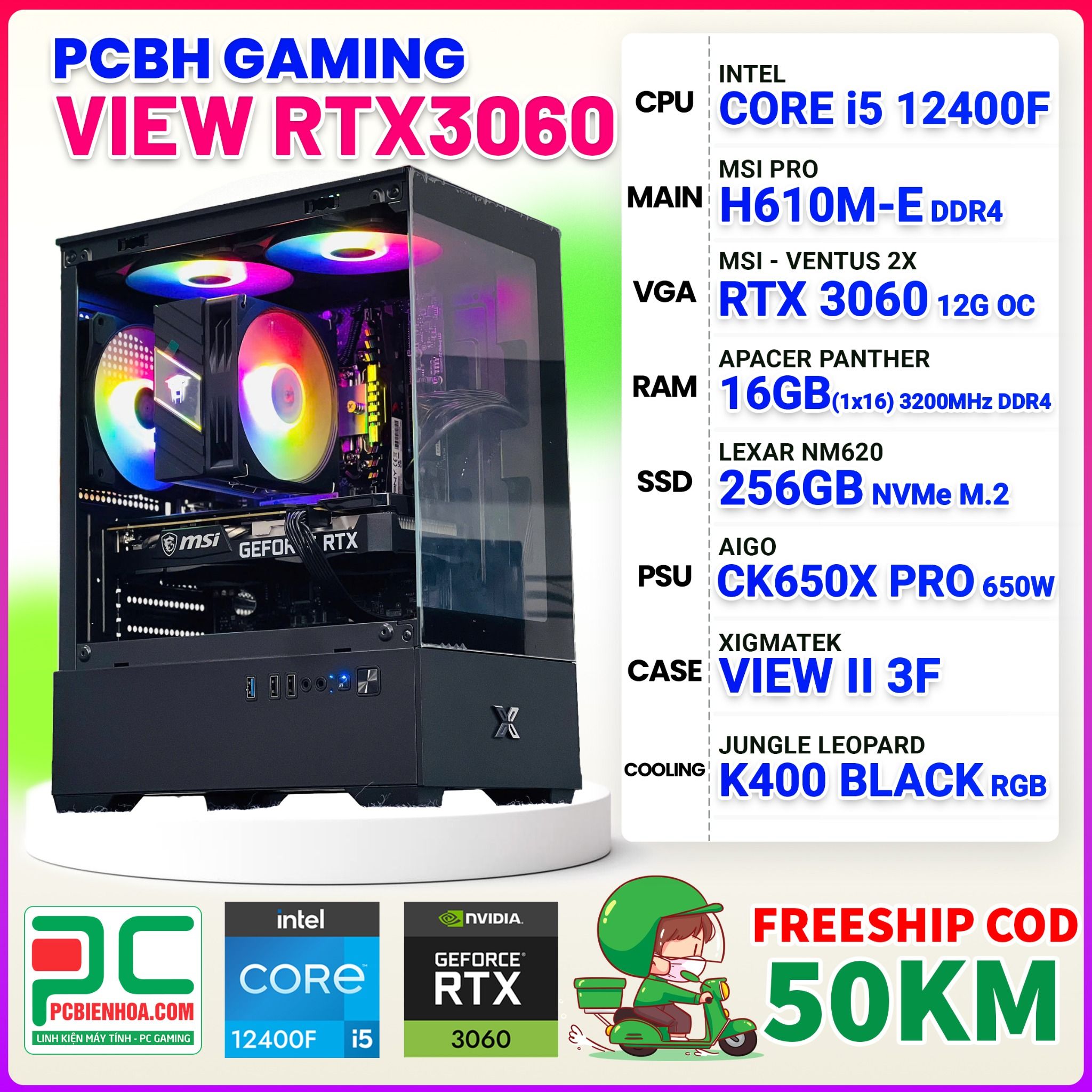 PCBH GAMING VIEW CORE i5 12400F / H610M / RTX 3060 12GB / 16GB / 256GB