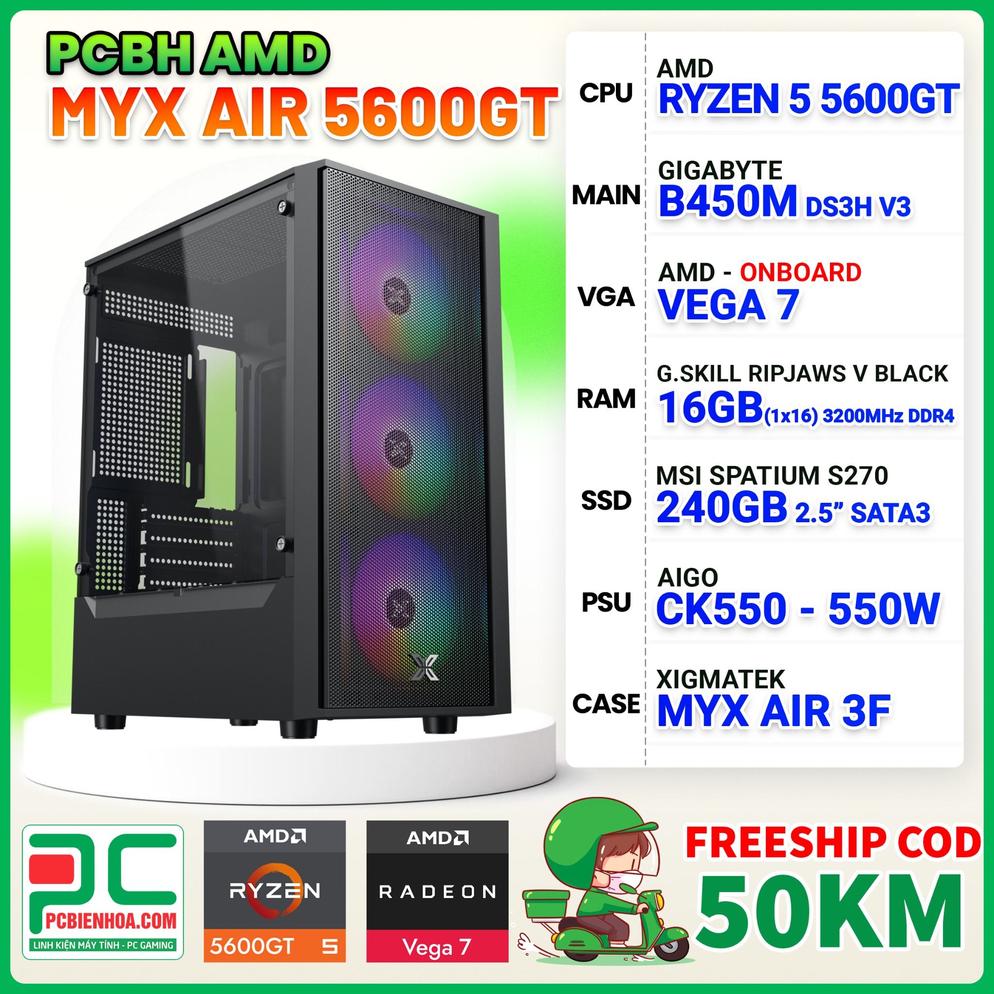 PCBH AMD MYX AIR RYZEN 5 5600GT / B450M / 16GB / 240GB