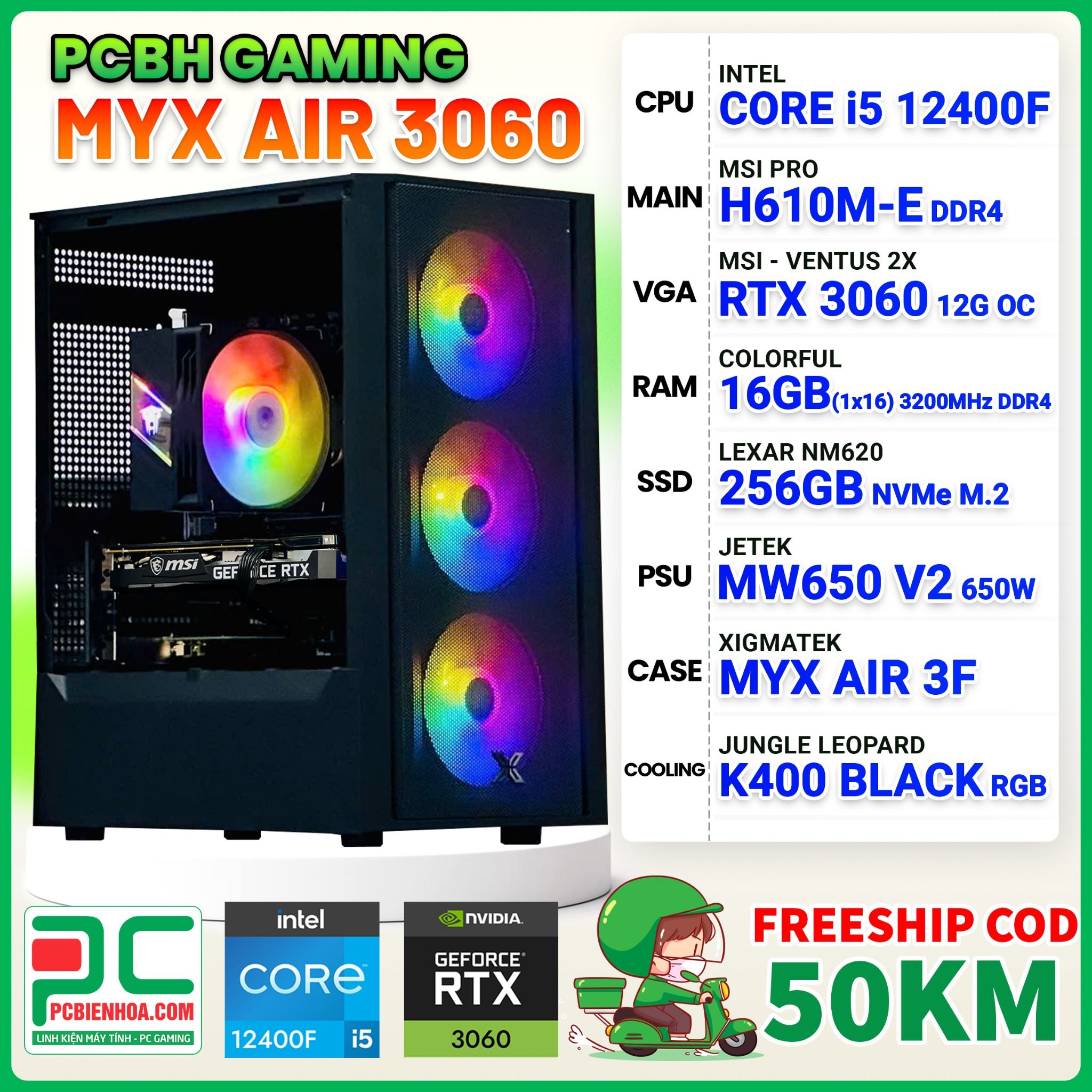 PCBH GAMING MYX AIR CORE i5 12400F / H610M / RTX 3060 12GB / 16GB / 256GB