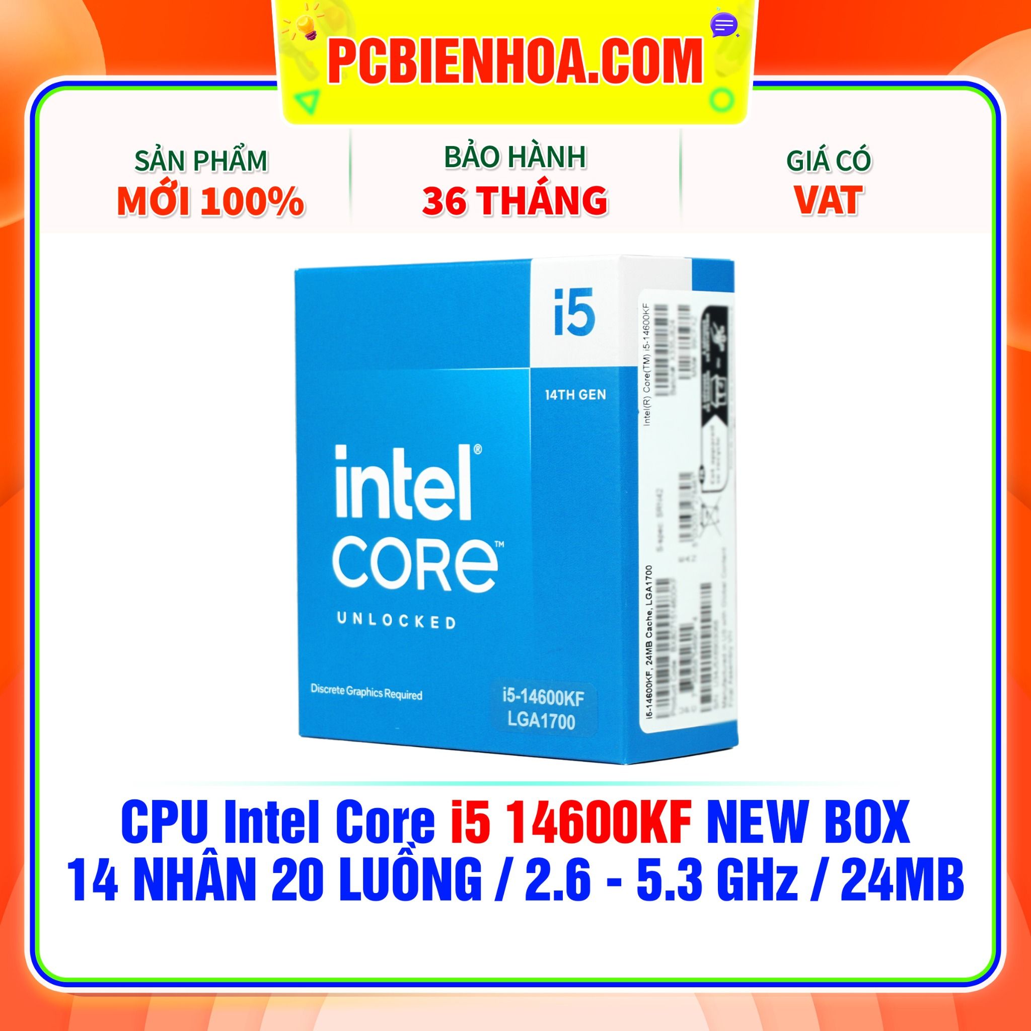  CPU Intel Core i5 14600KF NEW BOX ( 14 NHÂN 20 LUỒNG / 2.6 - 5.3MHz / 24MB ) 