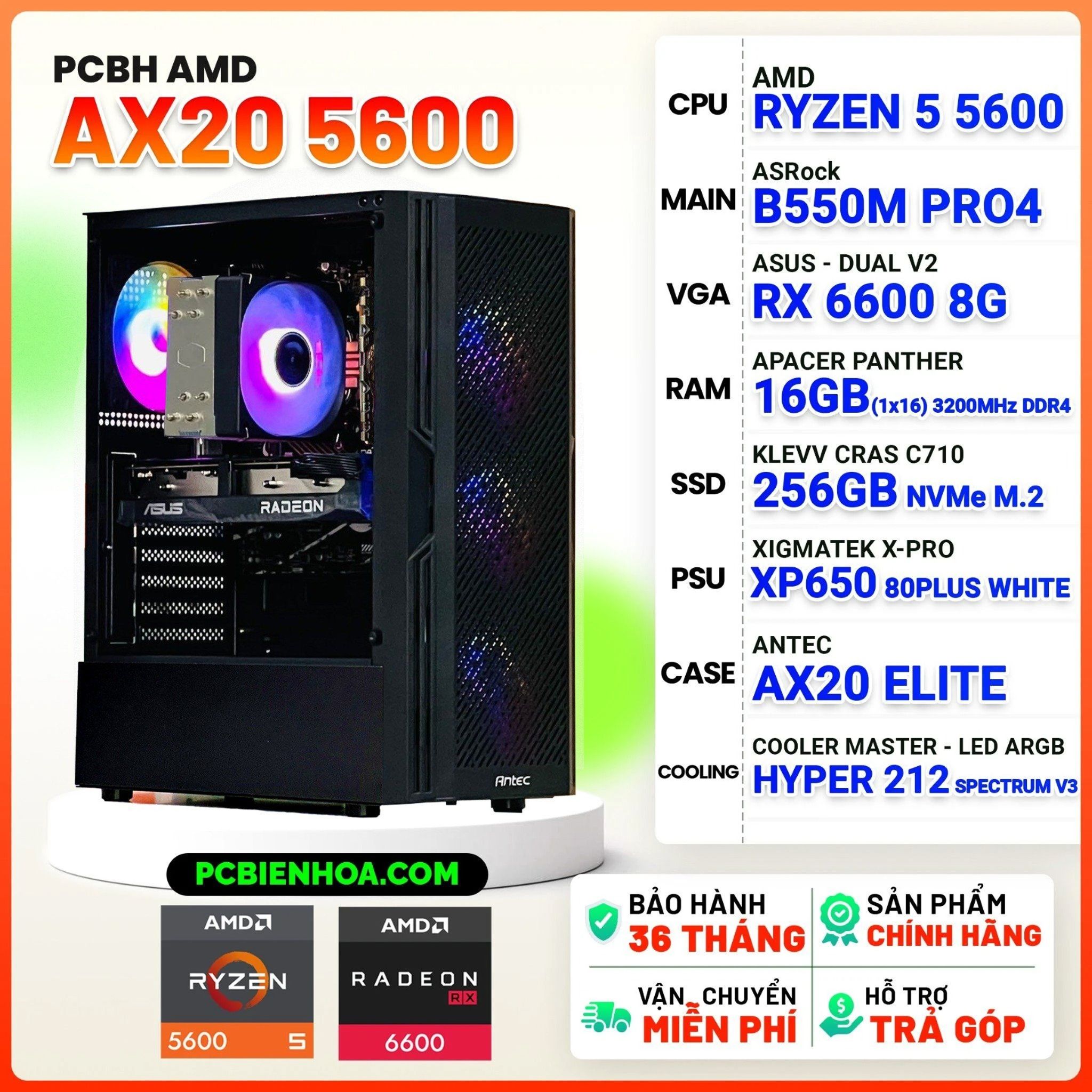  PCBH AMD AX20 RYZEN 5 5600 / B550M / 16GB / RX6600 8GB / 256GB 