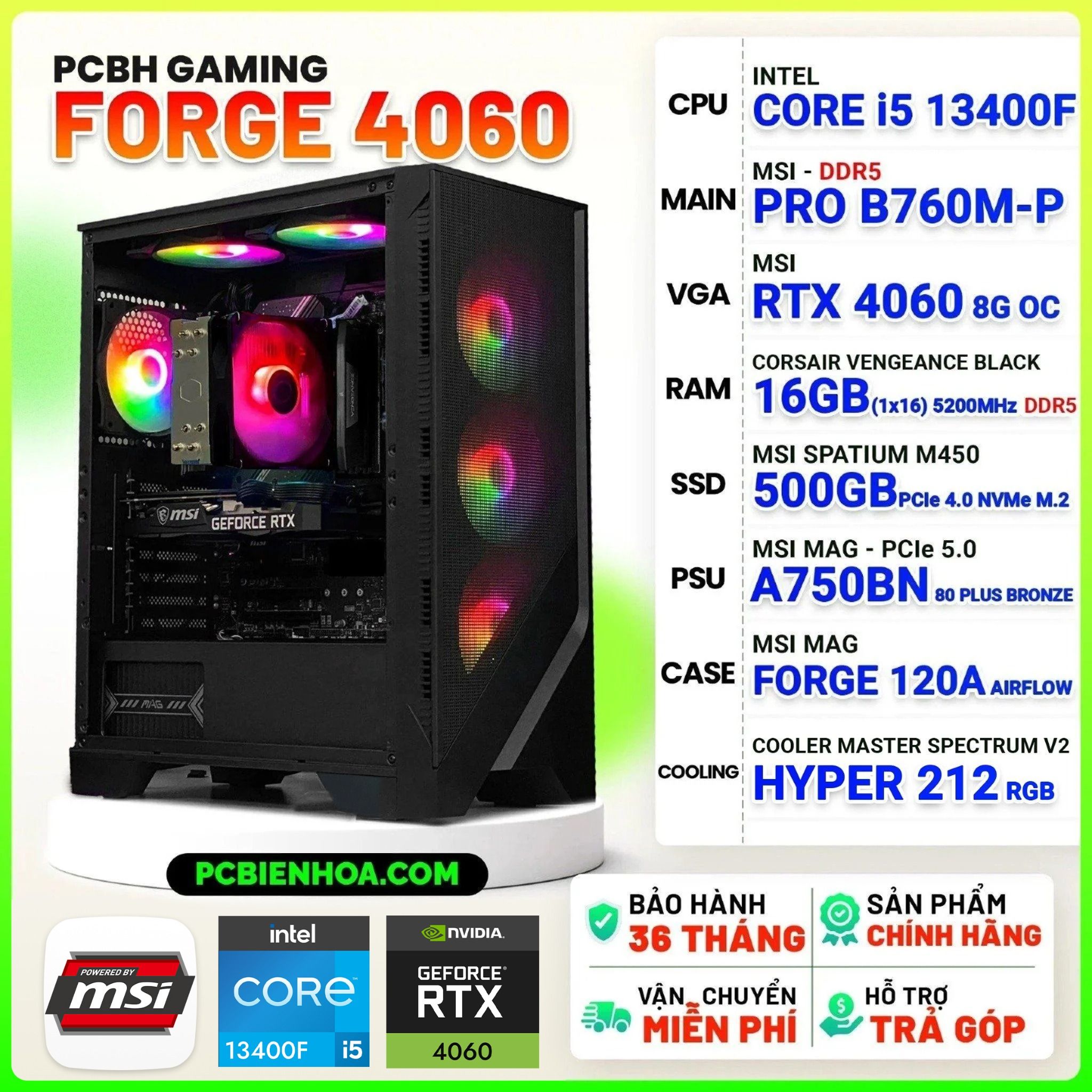  PCBH GAMING FORGE CORE i5 13400F / B760M / RTX4060 8GB / 16GB DDR5 / 500GB 