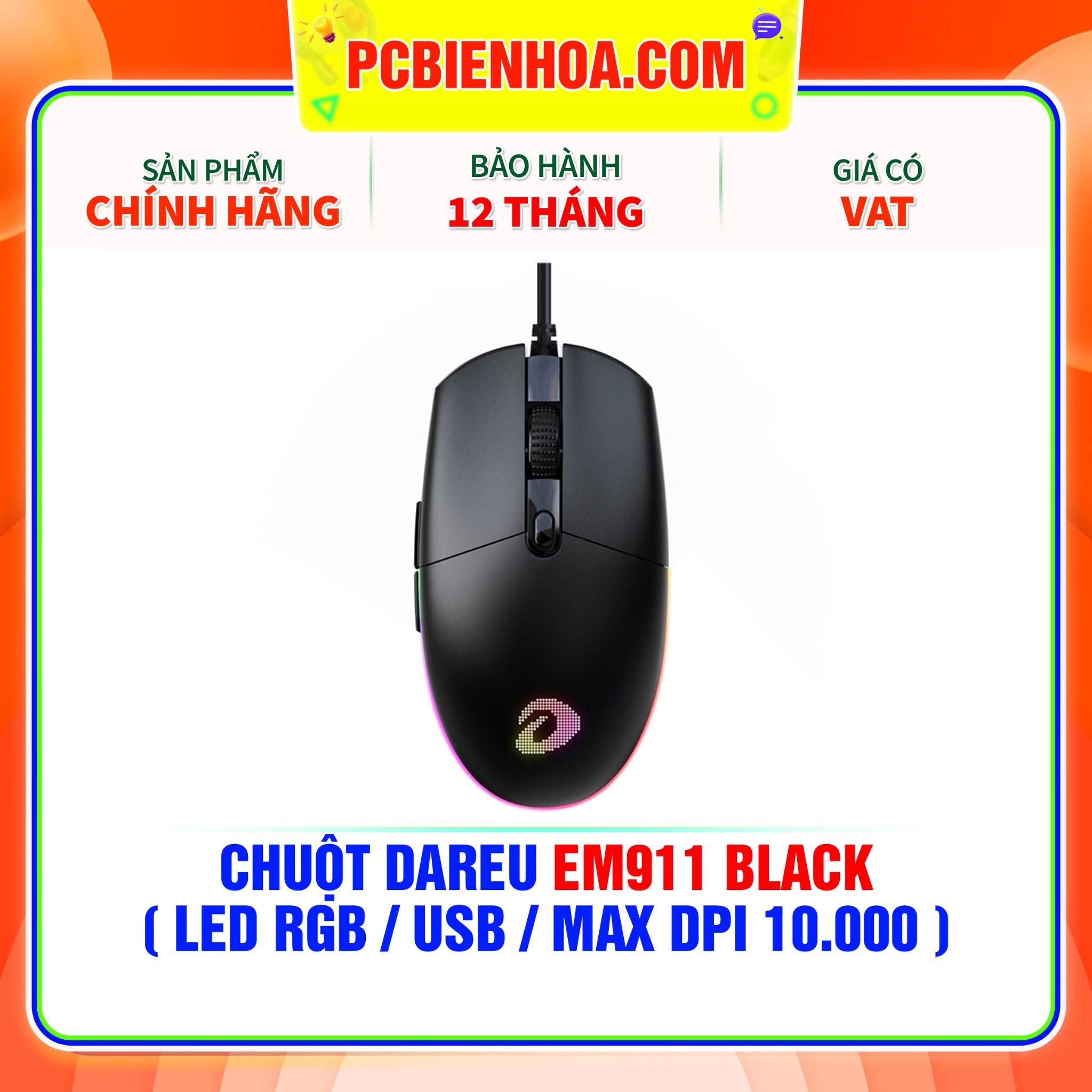  CHUỘT DAREU EM911 BLACK ( LED RGB / USB / MAX DPI 10.000 ) 