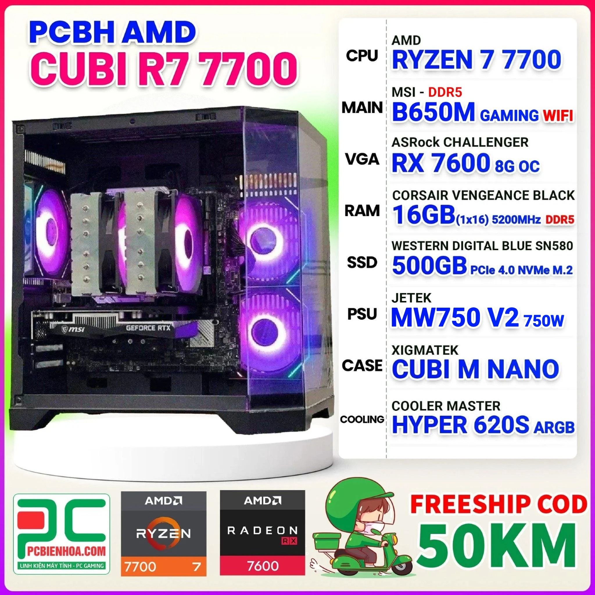 PCBH AMD CUBI RYZEN 7 7700 / B650M WiFi / RX 7600 8GB / 16GB DDR5 / 500GB