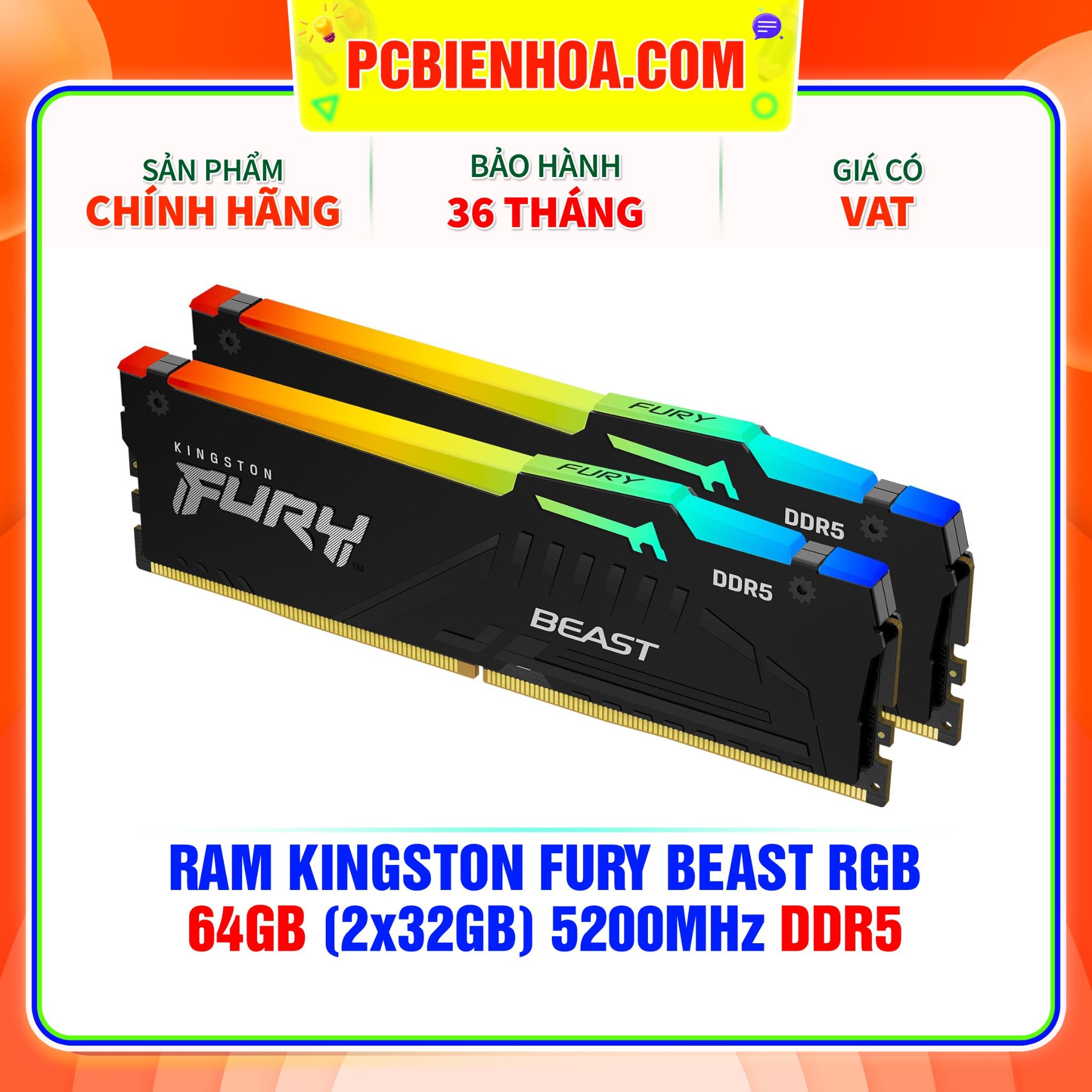  RAM KINGSTON FURY BEAST RGB 64GB (2x32GB) 5200MHz DDR5 ( KF552C40BBAK2-64 ) 