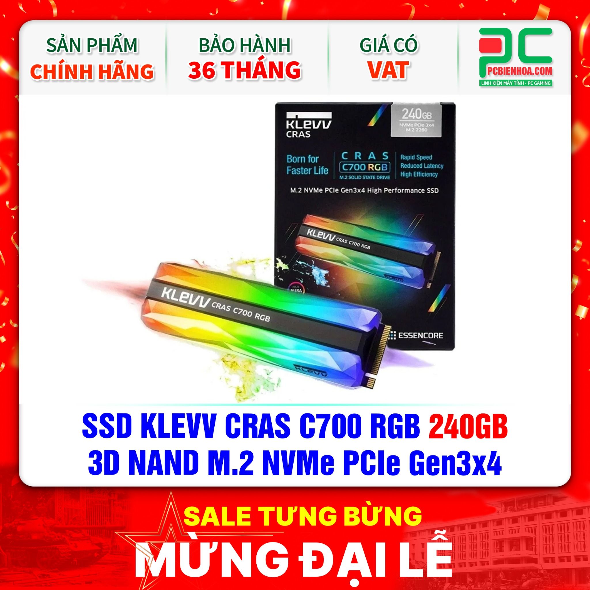 SSD KLEVV CRAS C700 RGB 240GB - 3D NAND M.2 NVMe PCIe Gen3x4 ( K240GM2SP0-C7R )