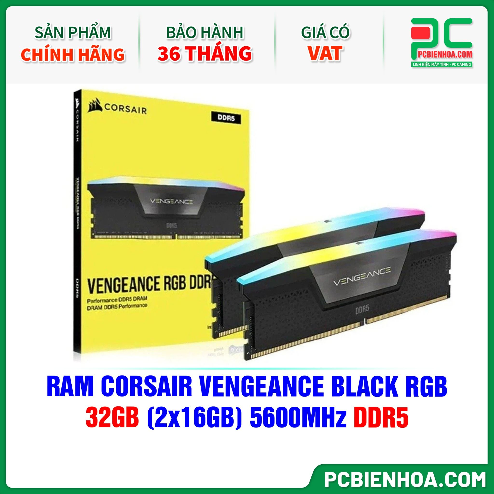 RAM CORSAIR VENGEANCE BLACK RGB - 32GB (2x16GB) 5600MHz DDR5