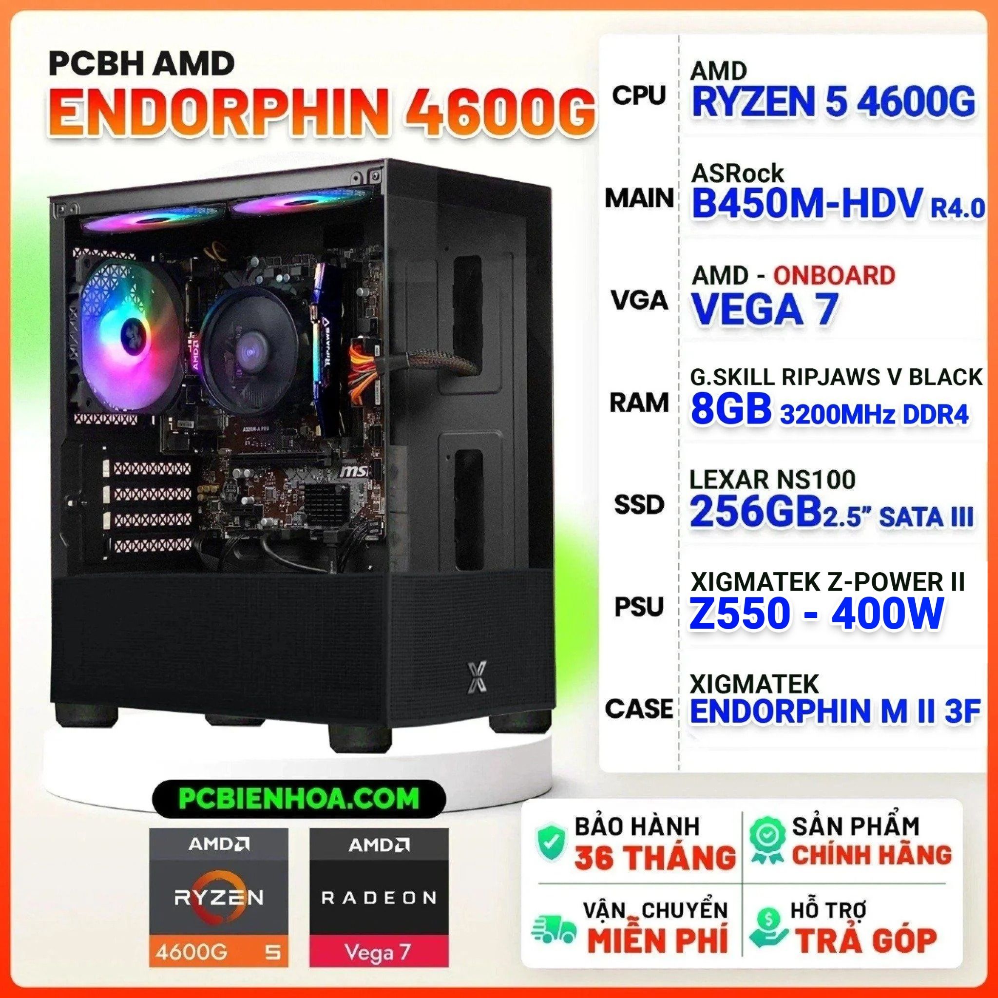  PCBH AMD ENDORPHIN RYZEN 5 4600G / B450M / 8GB / 256GB 