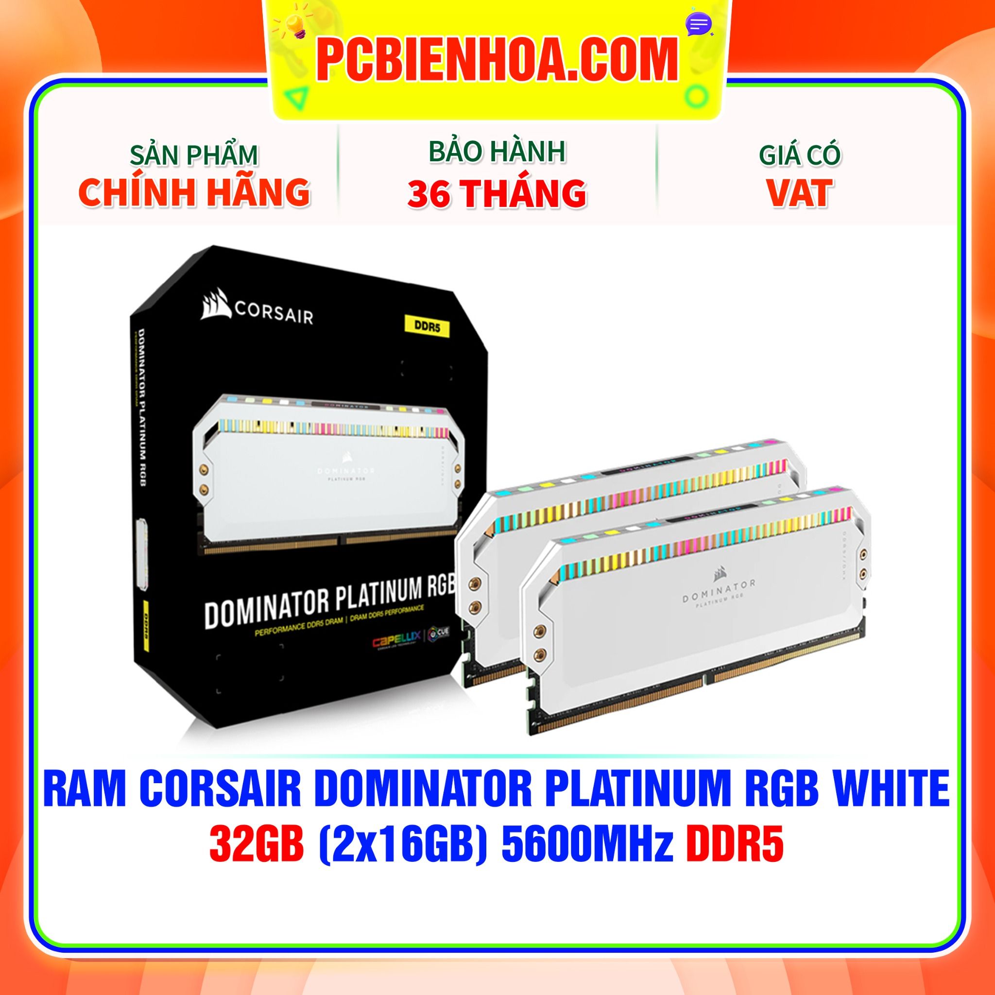  RAM CORSAIR DOMINATOR PLATINUM RGB WHITE 32GB (2x16GB) 5600MHz DDR5 ( CMT32GX5M2B5600C36W ) 