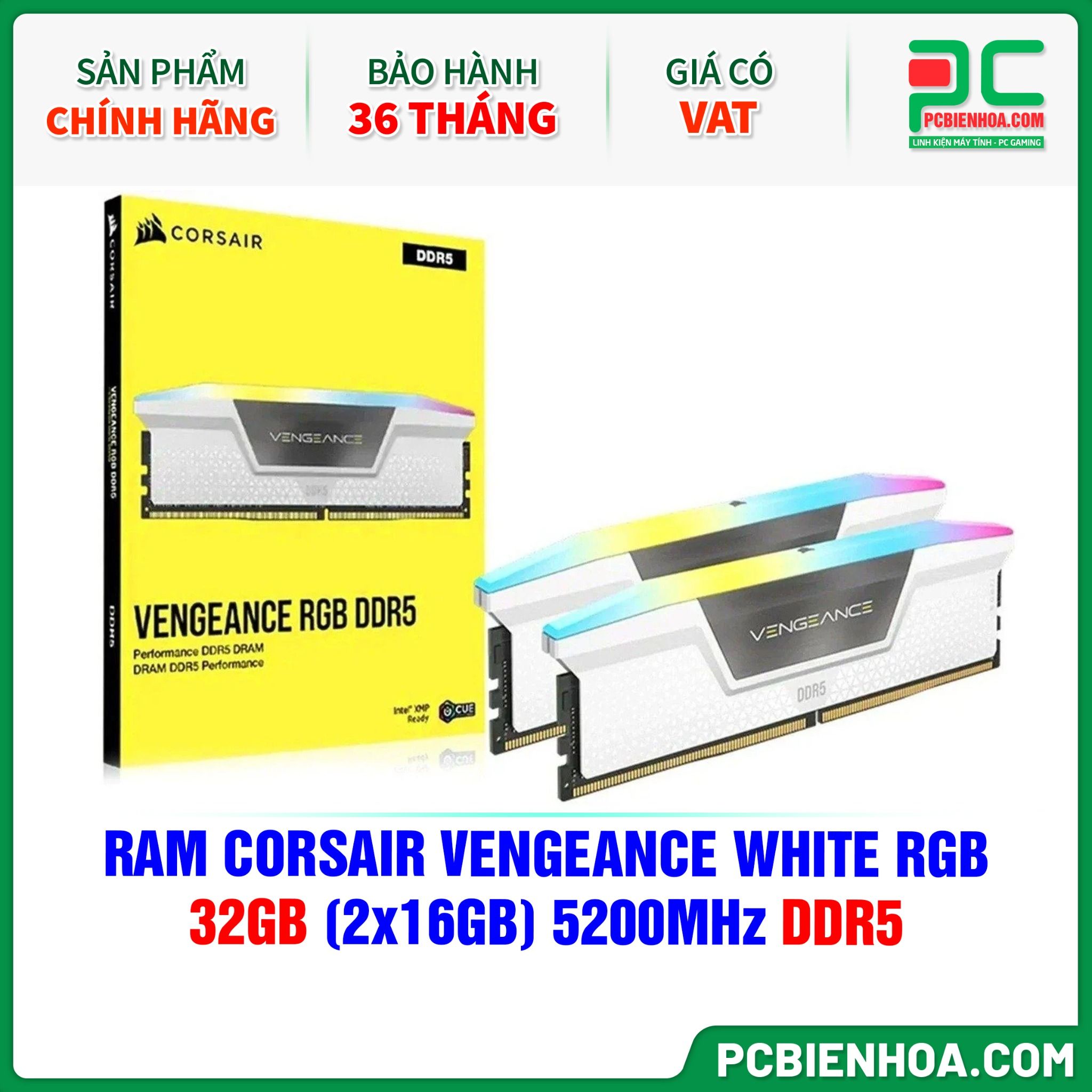 RAM CORSAIR VENGEANCE WHITE RGB - 32GB (2x16GB) 5200MHz DDR5 (CMH32GX5M2B5200C40W)