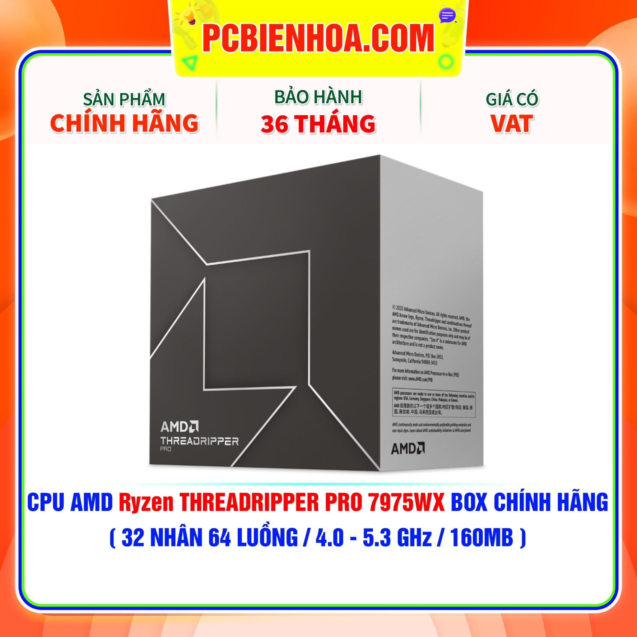  CPU AMD Ryzen THREADRIPPER PRO 7975WX BOX CHÍNH HÃNG ( 32 NHÂN 64 LUỒNG / 4.0 - 5.3 GHz / 160MB ) 