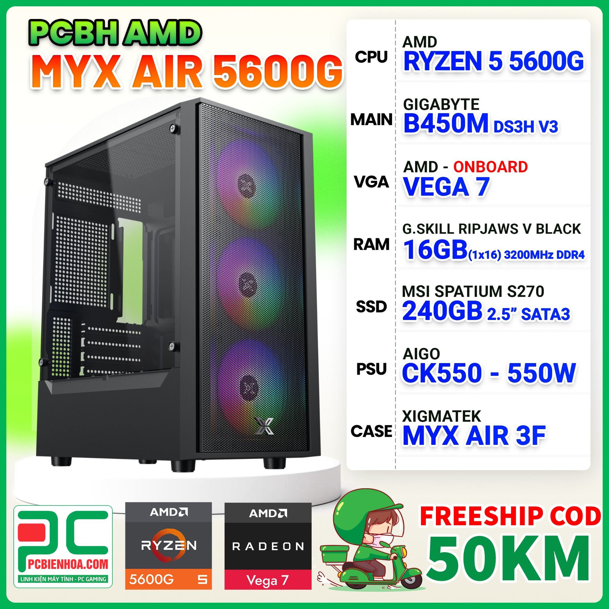 PCBH AMD MYX AIR RYZEN 5 5600G / B450M / 16GB / 240GB