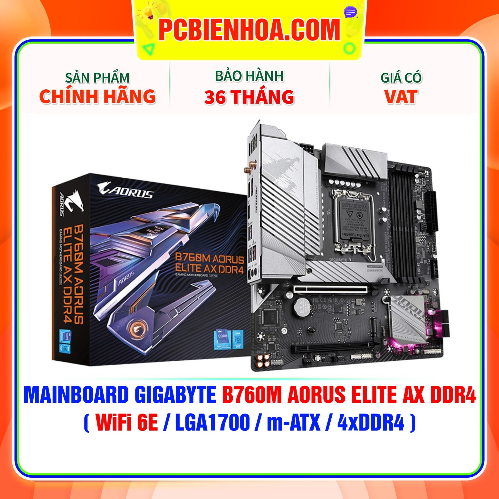  MAINBOARD GIGABYTE B760M AORUS ELITE AX DDR4 ( WiFi 6E / LGA1700 / m-ATX / 4xDDR4 ) 