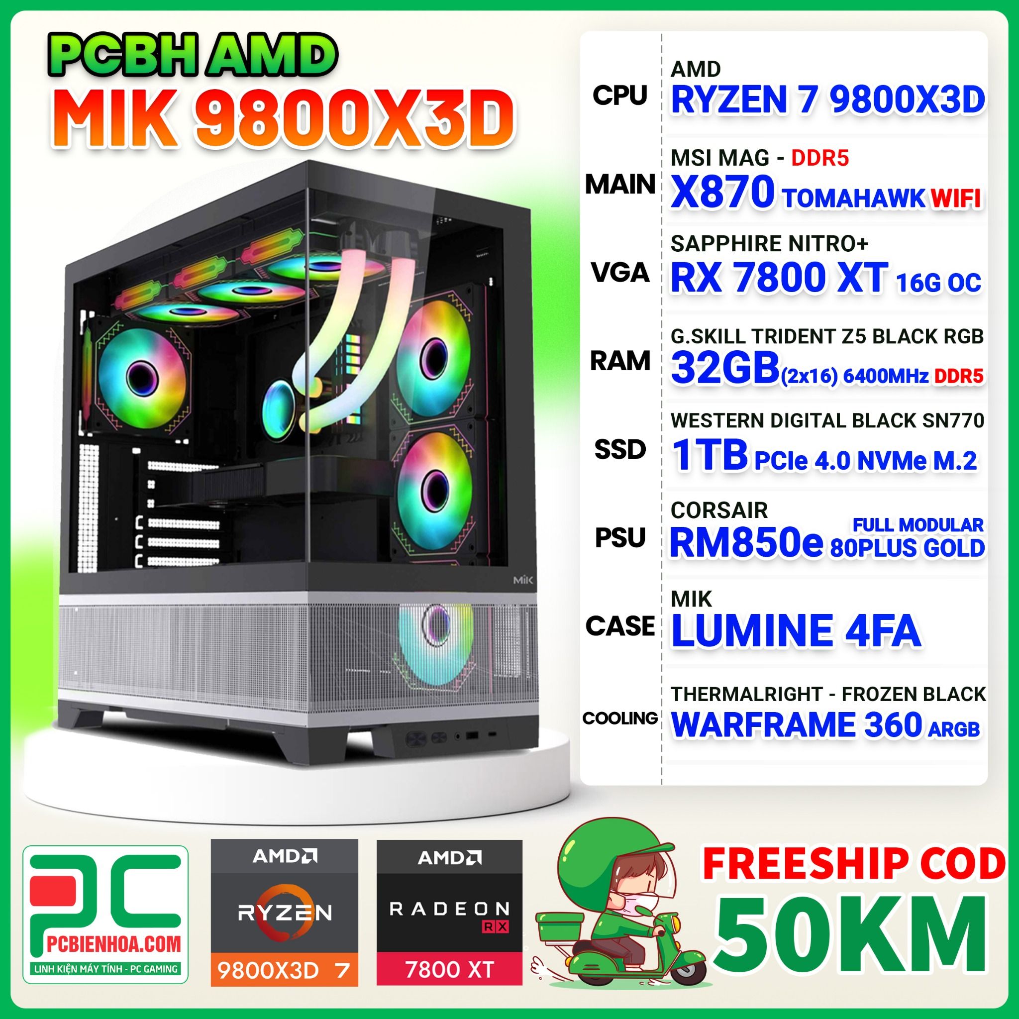 PCBH AMD RYZEN 7 9800X3D / X870 WiFi / RX 7800 XT 16GB / 32GB DDR5 / 1TB