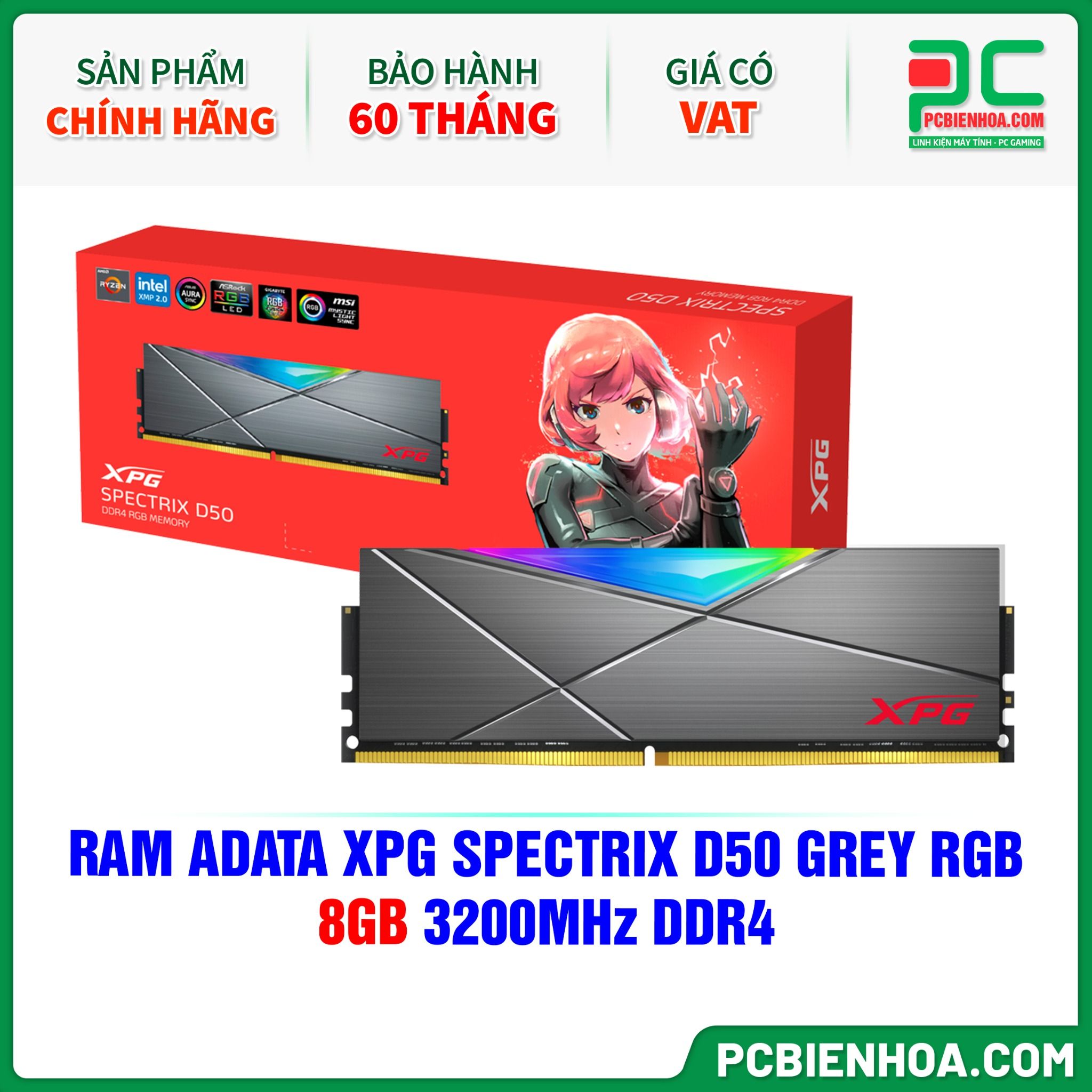RAM ADATA XPG SPECTRIX D50 GREY RGB - 8GB 3200MHz DDR4