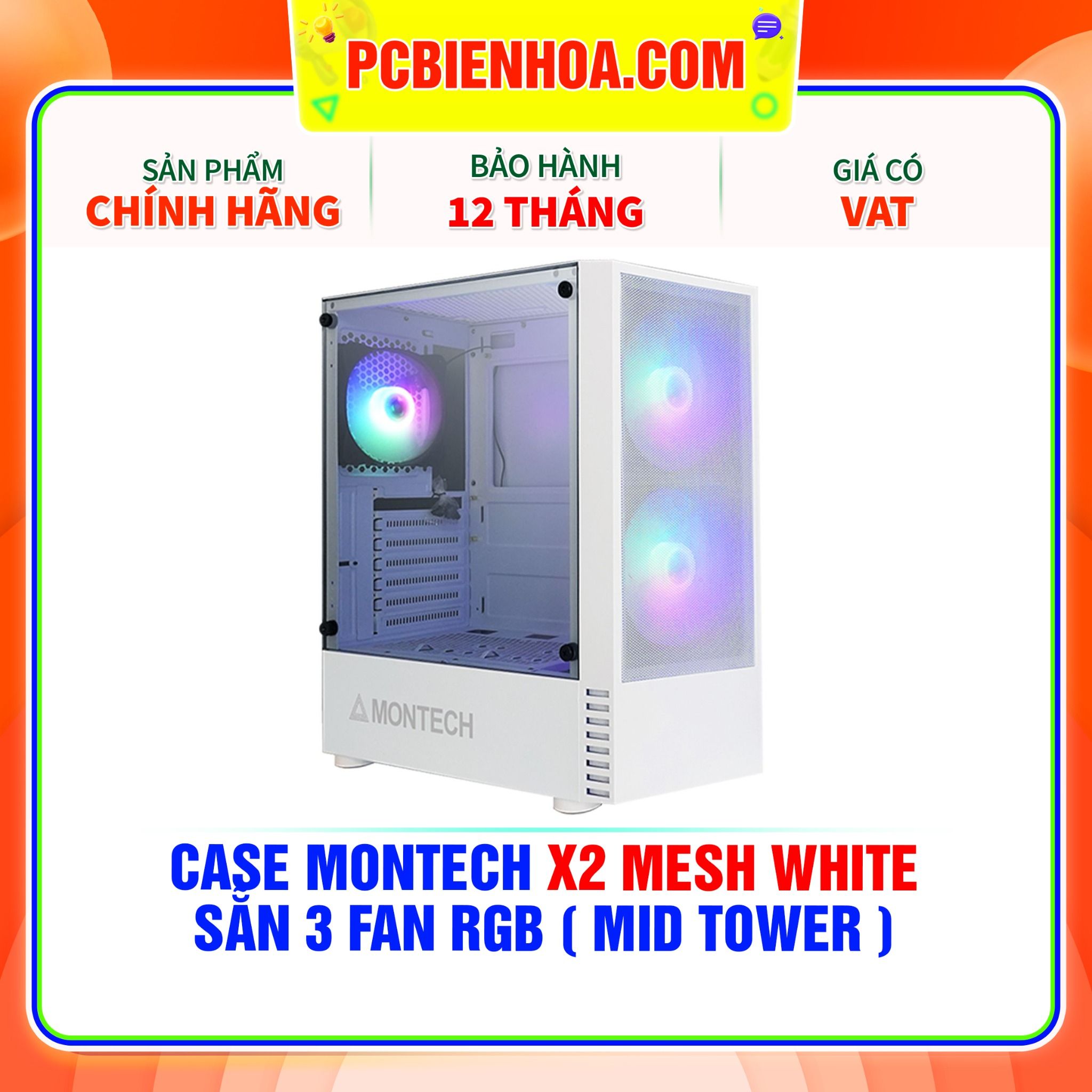  CASE MONTECH X2 MESH WHITE - SẴN 3 FAN LED ( MID TOWER ) 