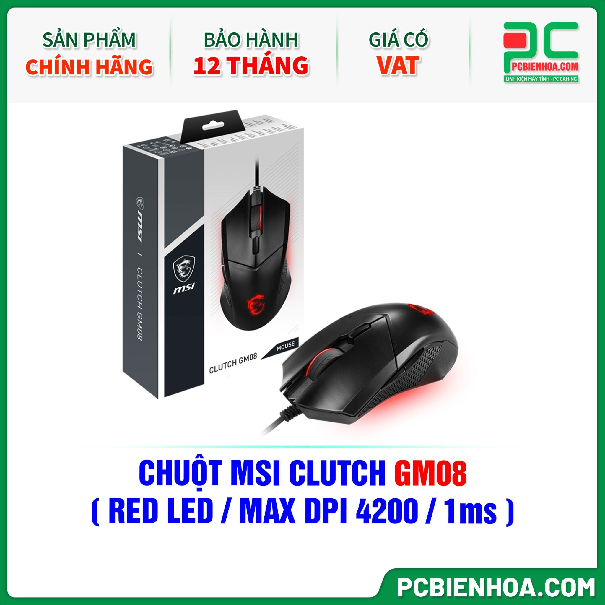 CHUỘT MSI CLUTCH GM08 ( RED LED / MAX DPI 4200 / 1ms )