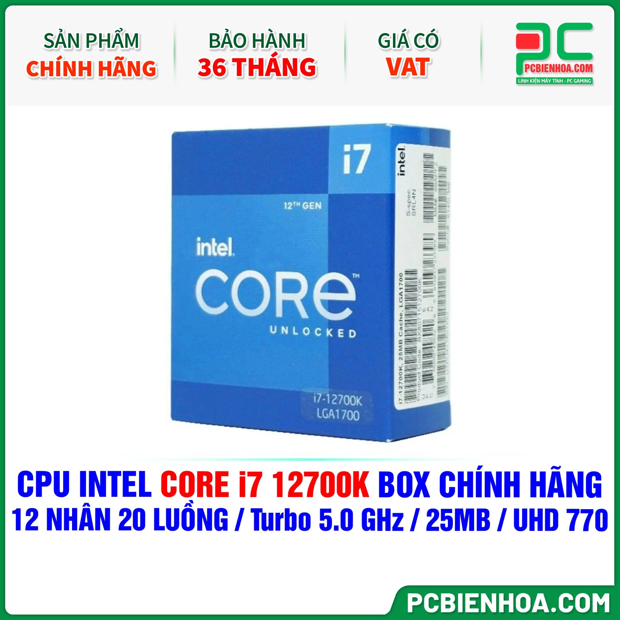 CPU INTEL CORE i7 12700K BOX CHÍNH HÃNG ( 12 NHÂN 20 LUỒNG / Turbo 5.0 GHz / 25MB / UHD GRAPHICS 770 )