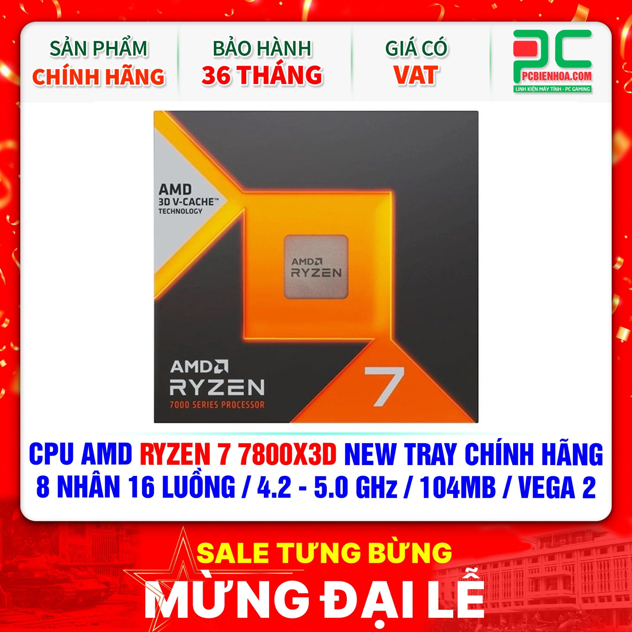 CPU AMD Ryzen 7 7800X3D NEW TRAY CHÍNH HÃNG ( 8 NHÂN 16 LUỒNG / 4.2 - 5.0 GHz / 104MB / RADEON VEGA 2 GRAPHICS )